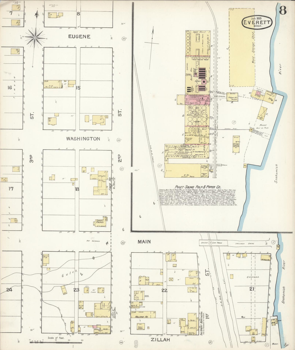 Sanborn Fire Insurance Map from Everett, Snohomish County, Washington (1893), Sheet #0007 - Historic Sanborn Fire Insurance Map Print, vintage old map wall art, antique decor, genealogy gift, Washington Washington map