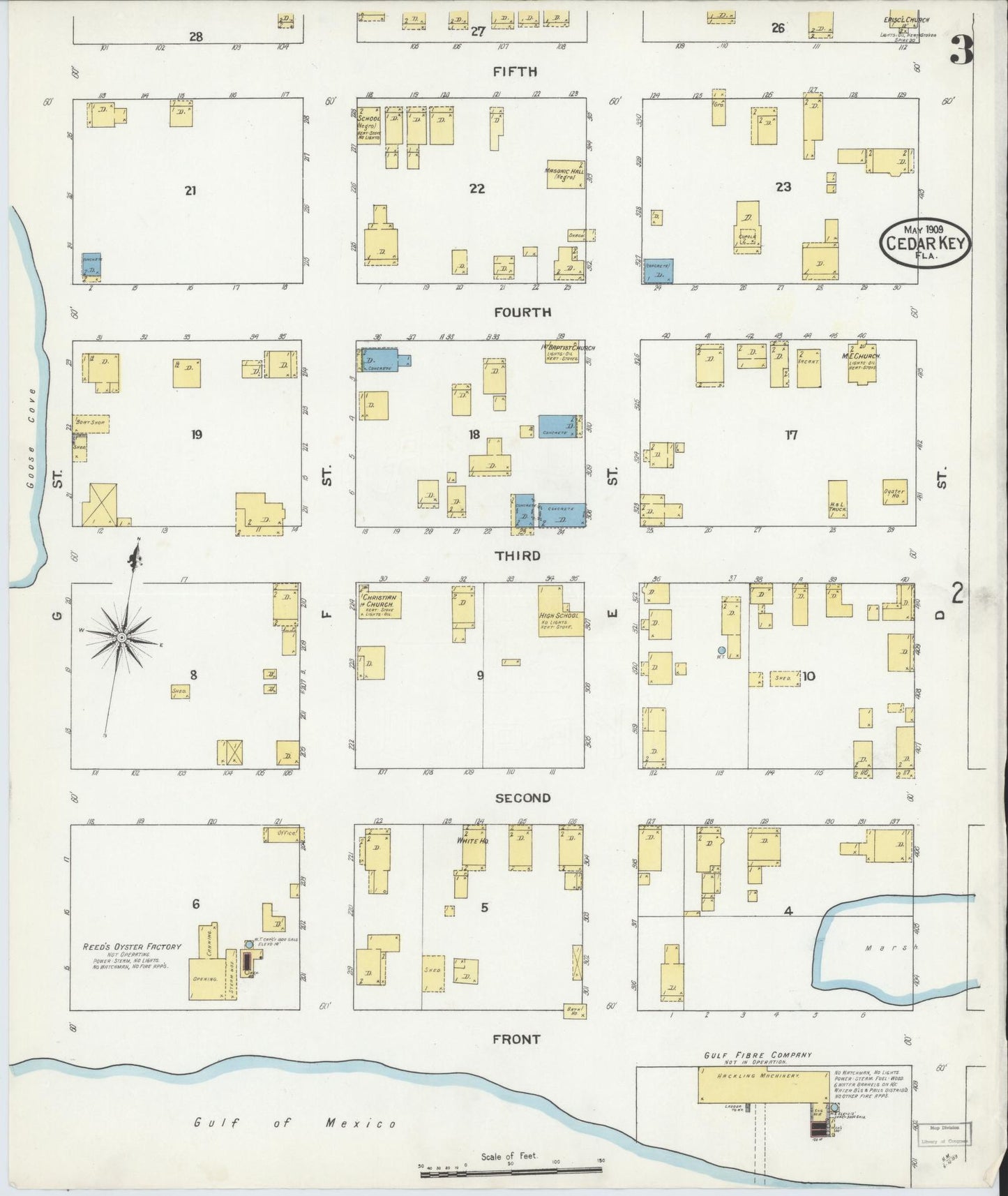 Sanborn Fire Insurance Map from Cedar Key, Levy County, Florida (1909), Sheet #0003 - Complete Map Set gallery image, historic Sanborn map, vintage wall art, Florida Florida