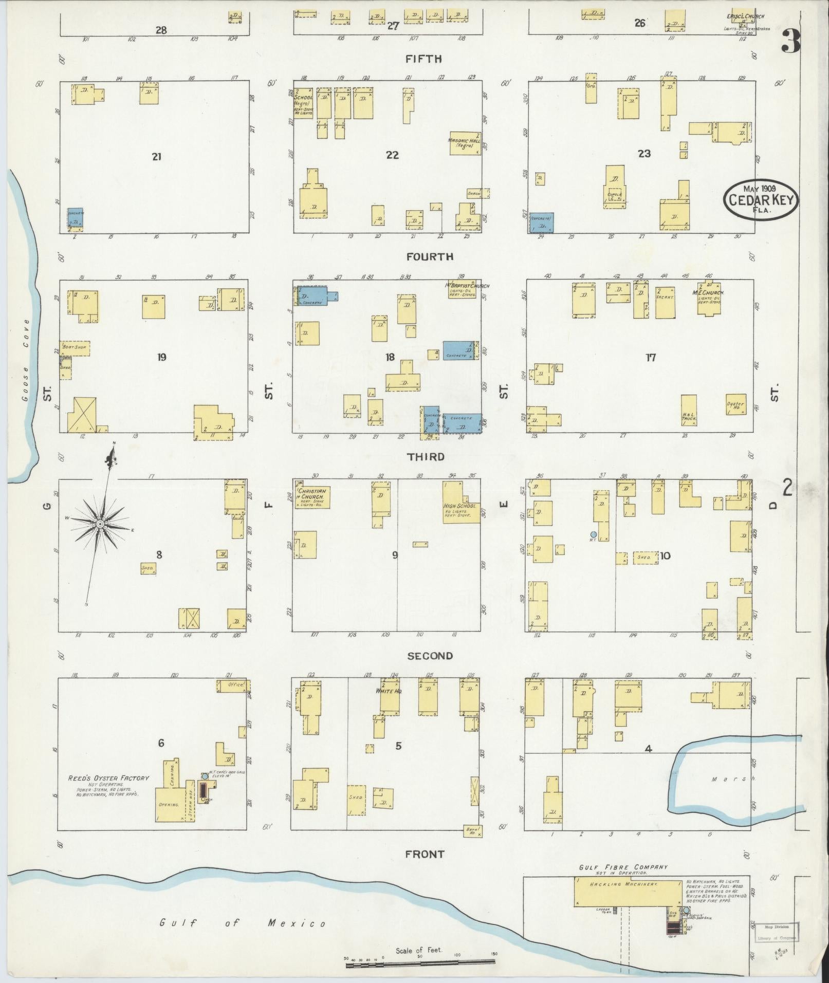 Sanborn Fire Insurance Map from Cedar Key, Levy County, Florida (1909), Sheet #0003 - Complete Map Set gallery image, historic Sanborn map, vintage wall art, Florida Florida