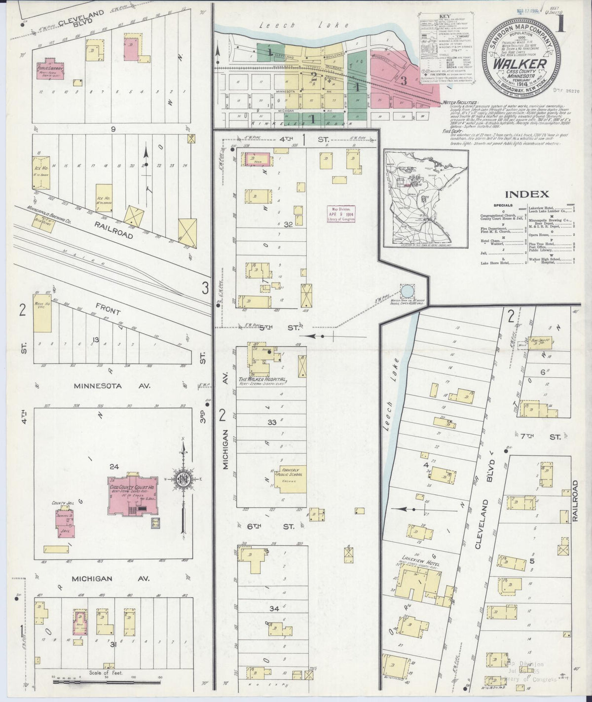 Sanborn Fire Insurance Map from Walker, Cass County, Minnesota (1914), Sheet #0001 - Historic Sanborn Fire Insurance Map Print, vintage old map wall art, antique decor, genealogy gift, Minnesota Minnesota map