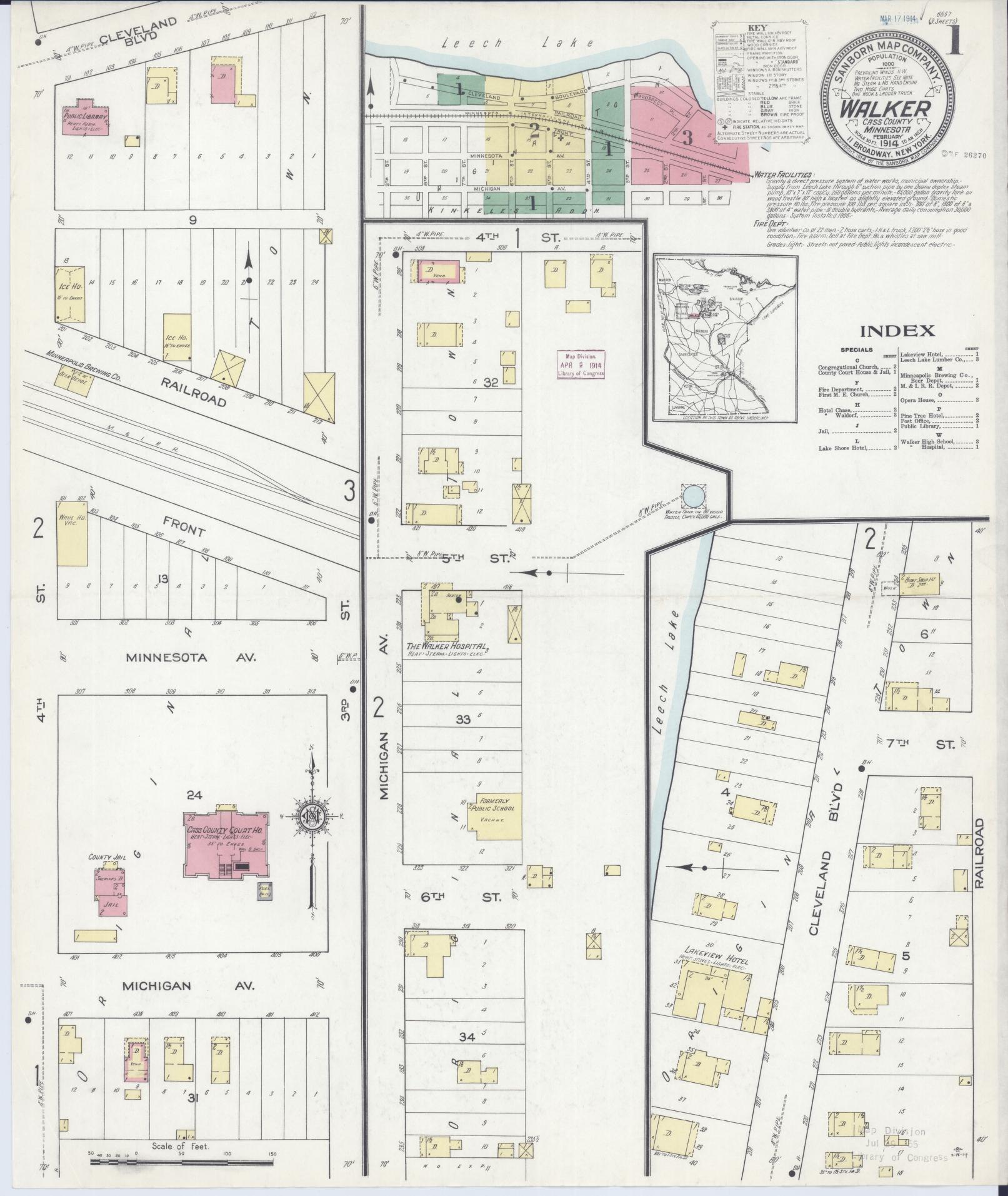 Sanborn Fire Insurance Map from Walker, Cass County, Minnesota (1914), Sheet #0001 - Historic Sanborn Fire Insurance Map Print, vintage old map wall art, antique decor, genealogy gift, Minnesota Minnesota map