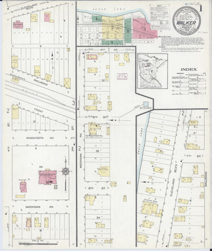 Sanborn Fire Insurance Map from Walker, Cass County, Minnesota (1914), Sheet #0001 - Historic Sanborn Fire Insurance Map Print, vintage old map wall art, antique decor, genealogy gift, Minnesota Minnesota map