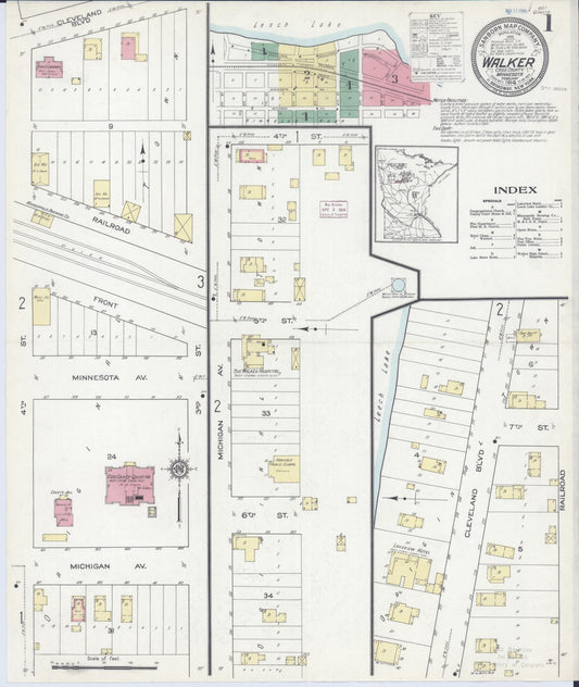 Sanborn Fire Insurance Map from Walker, Cass County, Minnesota (1914), Sheet #0001 - Historic Sanborn Fire Insurance Map Print, vintage old map wall art, antique decor, genealogy gift, Minnesota Minnesota map