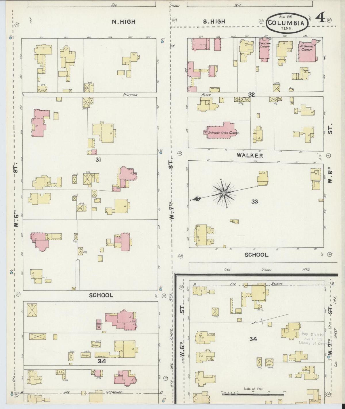 Sanborn Fire Insurance Map from Columbia, Maury County, Tennessee (1891), Sheet #0004 - Complete Map Set gallery image, historic Sanborn map, vintage wall art, Tennessee Tennessee