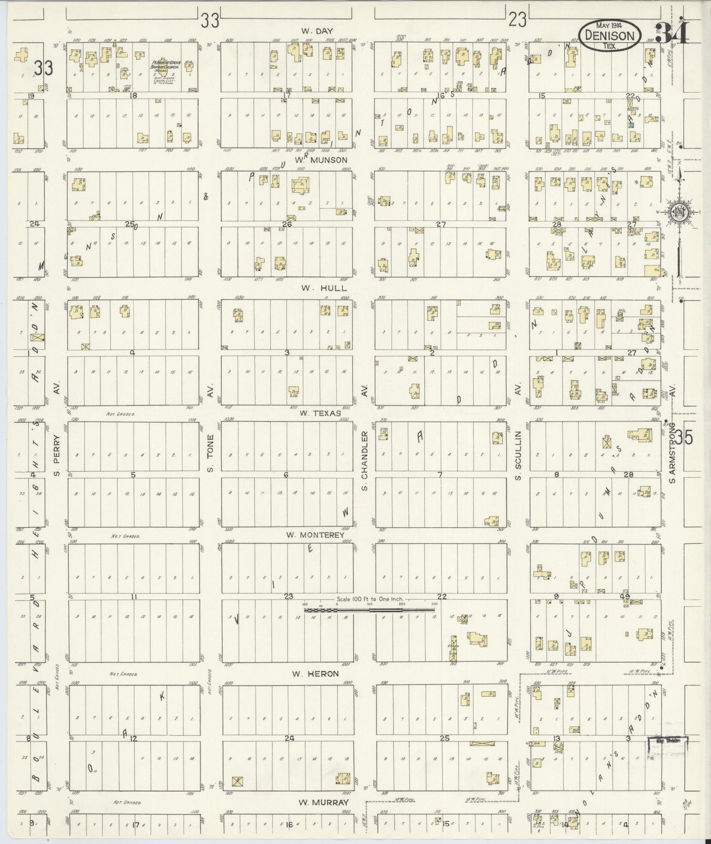 Sanborn Fire Insurance Map from Denison, Grayson County, Texas (1914), Sheet #0034 - Historic Sanborn Fire Insurance Map Print, vintage old map wall art, antique decor, genealogy gift, Texas Texas map