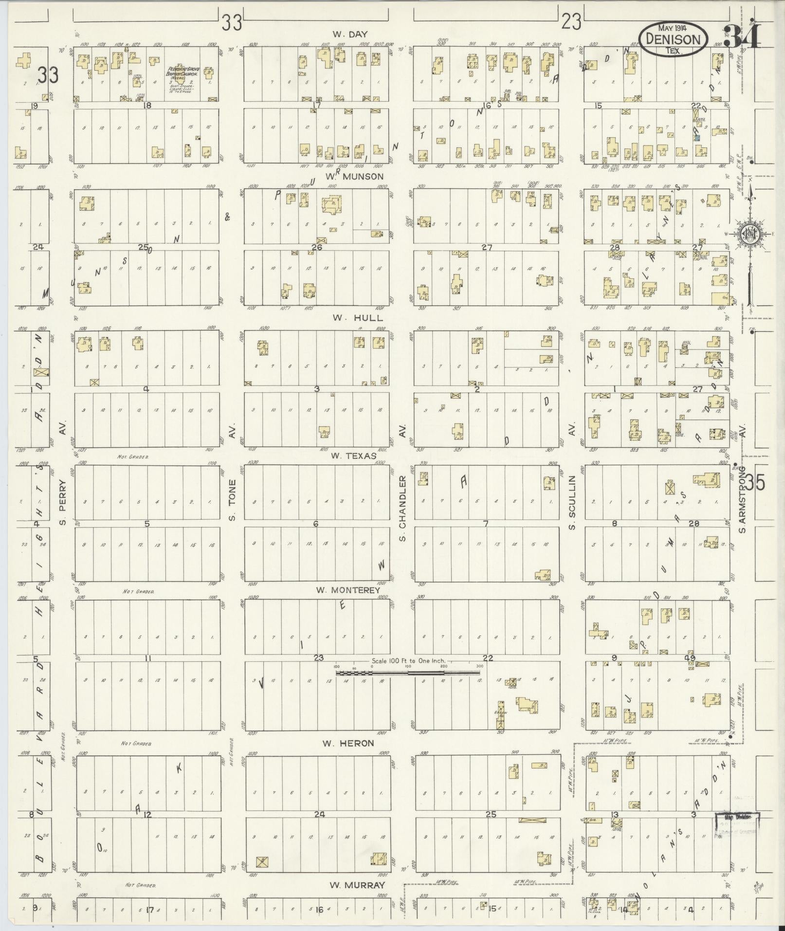 Sanborn Fire Insurance Map from Denison, Grayson County, Texas (1914), Sheet #0034 - Historic Sanborn Fire Insurance Map Print, vintage old map wall art, antique decor, genealogy gift, Texas Texas map