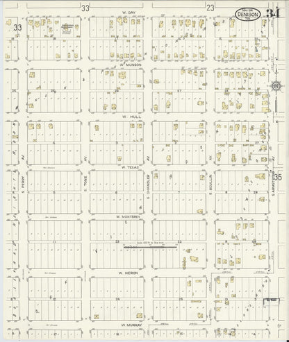 Sanborn Fire Insurance Map from Denison, Grayson County, Texas (1914), Sheet #0034 - Historic Sanborn Fire Insurance Map Print, vintage old map wall art, antique decor, genealogy gift, Texas Texas map