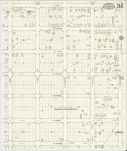 Sanborn Fire Insurance Map from Denison, Grayson County, Texas (1914), Sheet #0034 - Historic Sanborn Fire Insurance Map Print, vintage old map wall art, antique decor, genealogy gift, Texas Texas map
