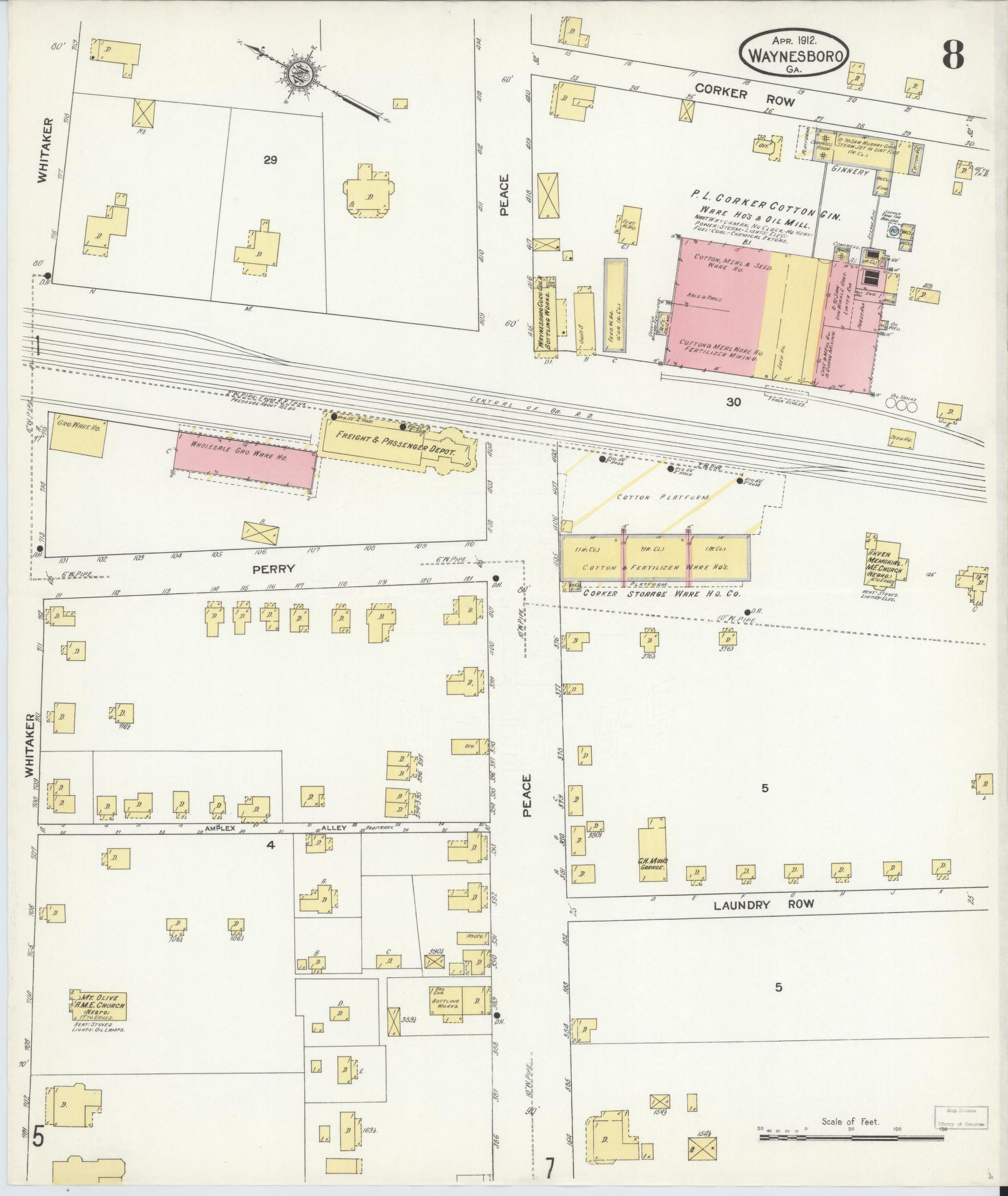 Sanborn Fire Insurance Map from Waynesboro, Burke County, Georgia (1912), Sheet #0008 - Complete Map Set gallery image, historic Sanborn map, vintage wall art, Georgia Georgia