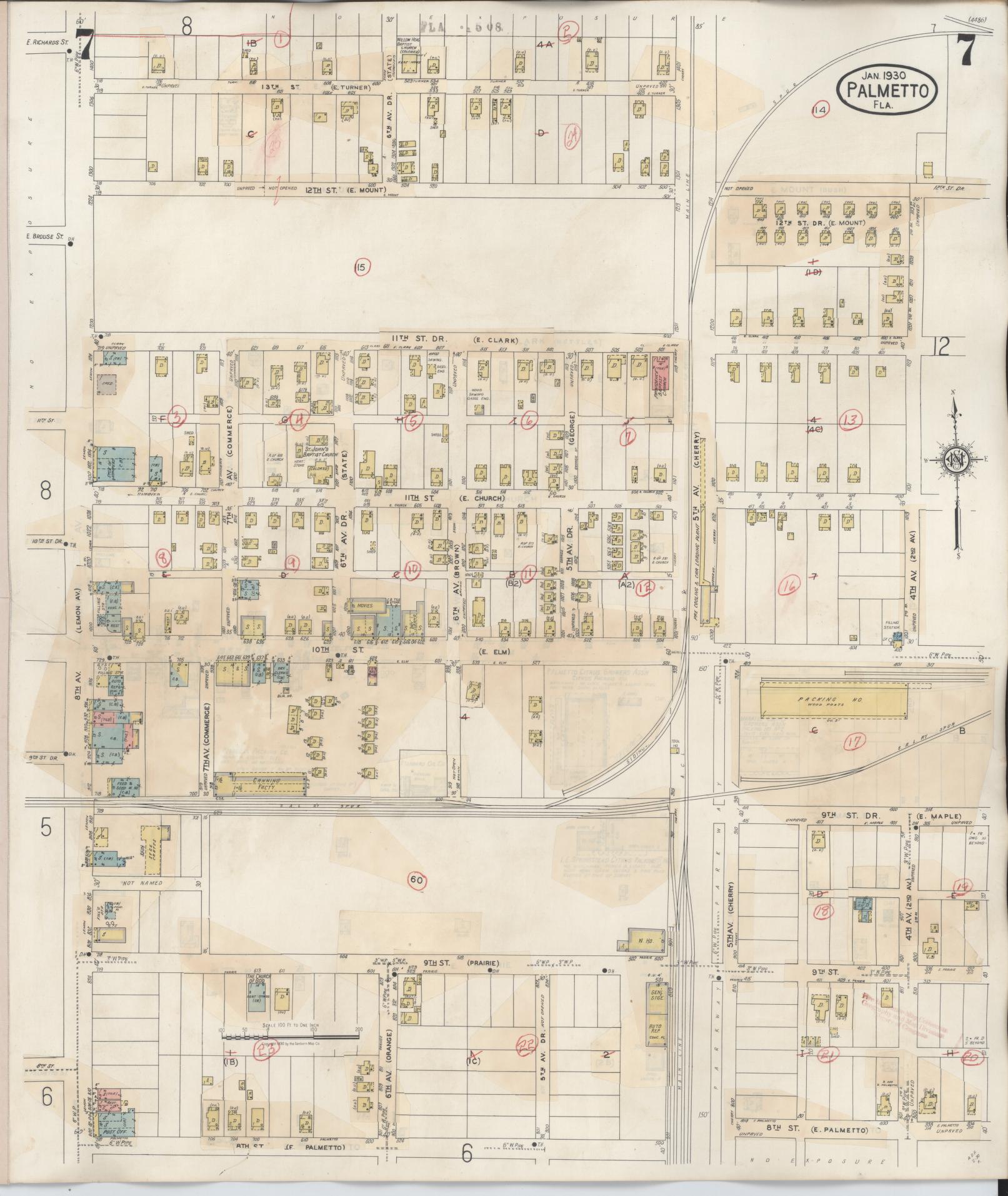 Sanborn Fire Insurance Map from Palmetto, Manatee County, Florida (1944), Sheet #0007 - Complete Map Set gallery image, historic Sanborn map, vintage wall art, Florida Florida
