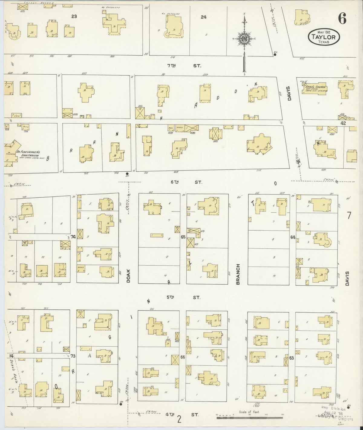 Sanborn Fire Insurance Map from Taylor, Williamson County, Texas (1912), Sheet #0006 - Historic Sanborn Fire Insurance Map Print, vintage old map wall art, antique decor, genealogy gift, Texas Texas map