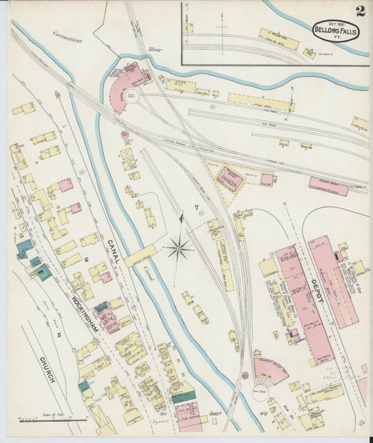Sanborn Fire Insurance Map from Bellows Falls, Windham County, Vermont (1891), Sheet #0002 - Historic Sanborn Fire Insurance Map Print, vintage old map wall art, antique decor, genealogy gift, Vermont Vermont map