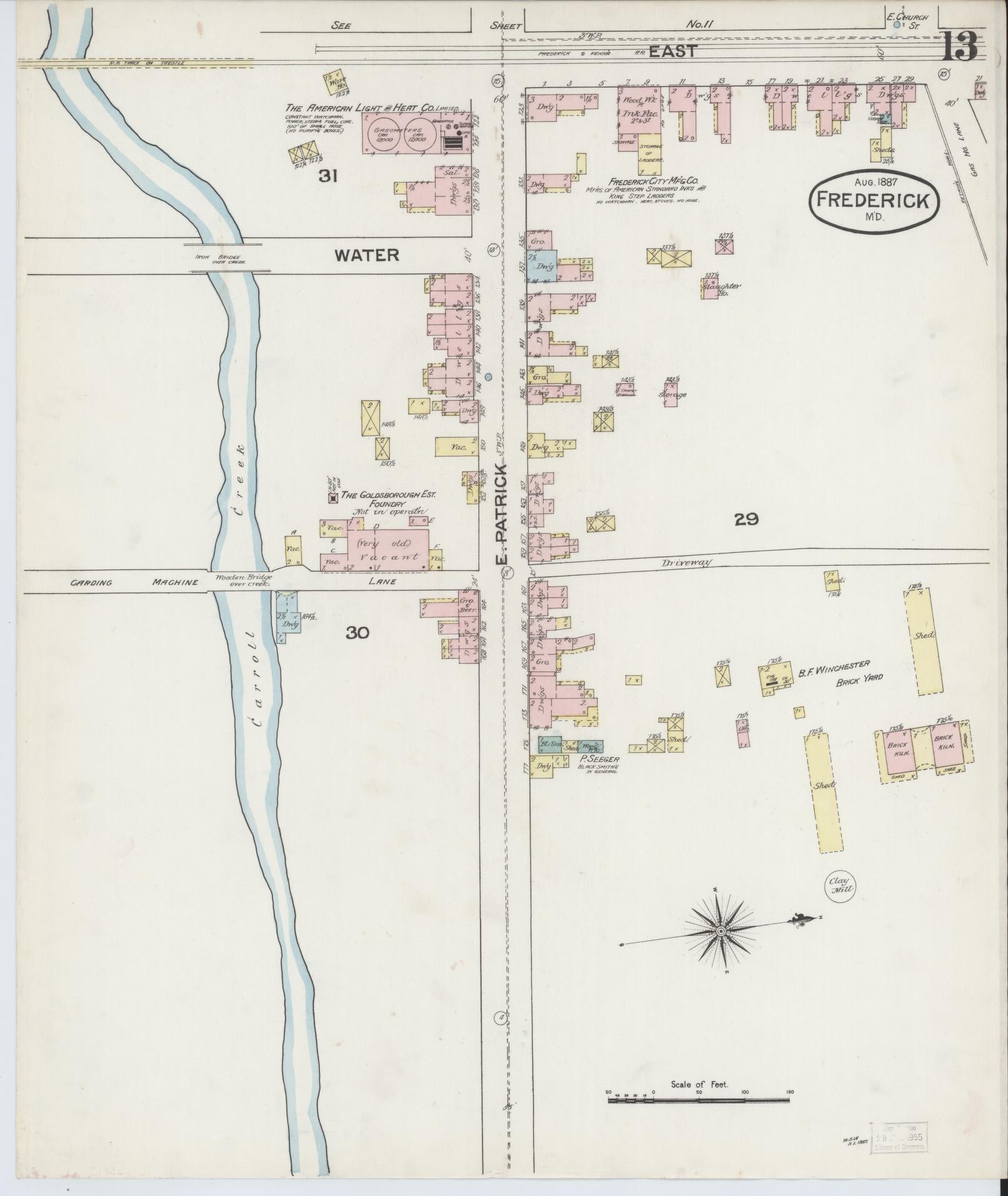 Frederick, Maryland - 1887 - Sanborn Fire Insurance Map, Sheet #0013 - Historic Sanborn Fire Insurance Map Print, Frederick Maryland 1887 0013 vintage old map wall art