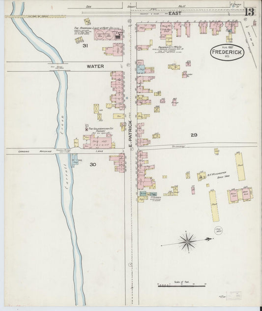 Frederick, Maryland - 1887 - Sanborn Fire Insurance Map, Sheet #0013 - Historic Sanborn Fire Insurance Map Print, Frederick Maryland 1887 0013 vintage old map wall art