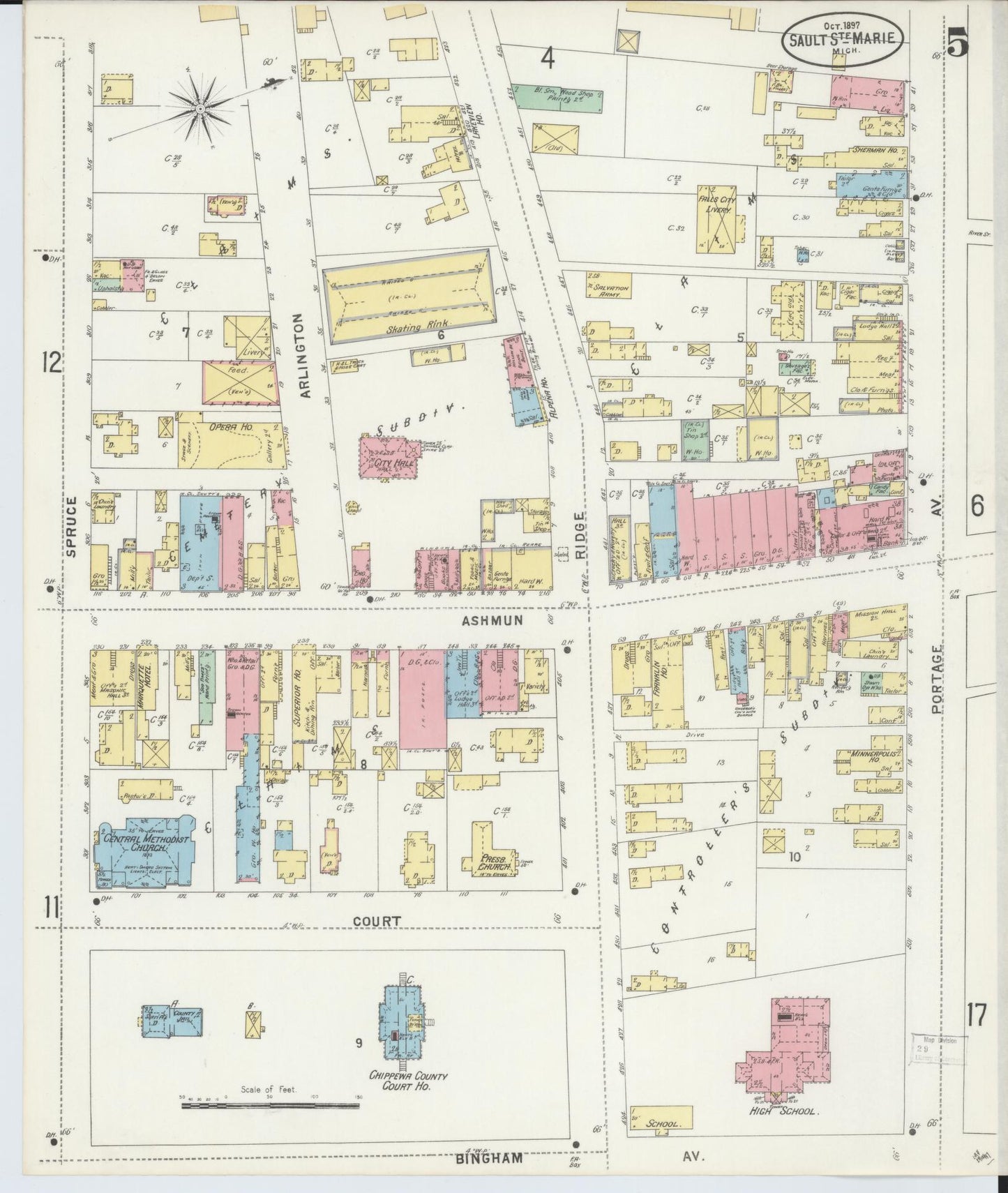 Sanborn Fire Insurance Map from Sault Sainte Marie, Chippewa County, Michigan (1897), Sheet #0005 - Historic Sanborn Fire Insurance Map Print, vintage old map wall art, antique decor, genealogy gift, Michigan Michigan map