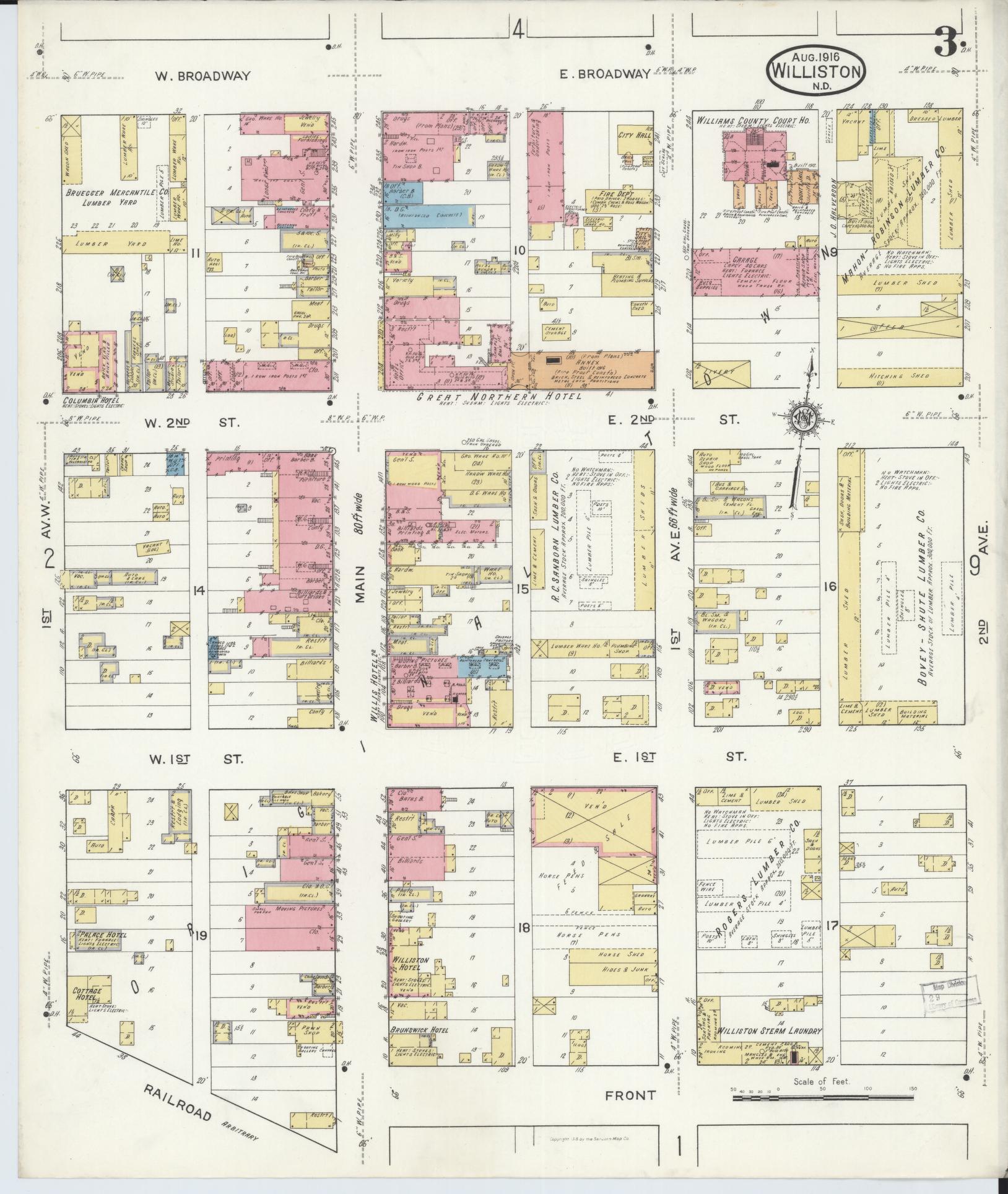 Sanborn Fire Insurance Map from Williston, Williams County, North Dakota (1916), Sheet #0003 - Complete Map Set gallery image, historic Sanborn map, vintage wall art, North Dakota North Dakota