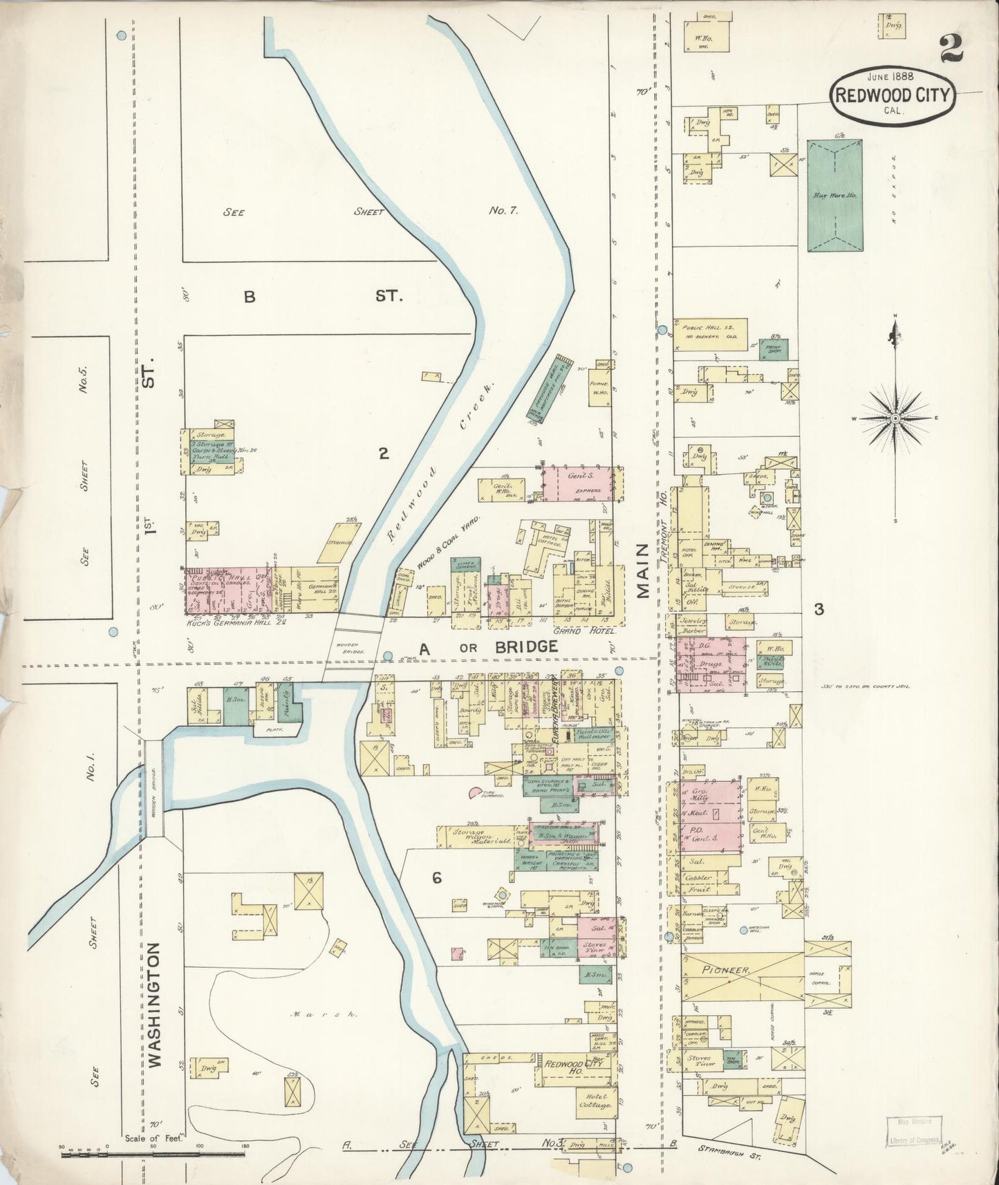 Sanborn Fire Insurance Map from Redwood City, San Mateo County, California (1888), Sheet #0002 - Complete Map Set gallery image, historic Sanborn map, vintage wall art, California California