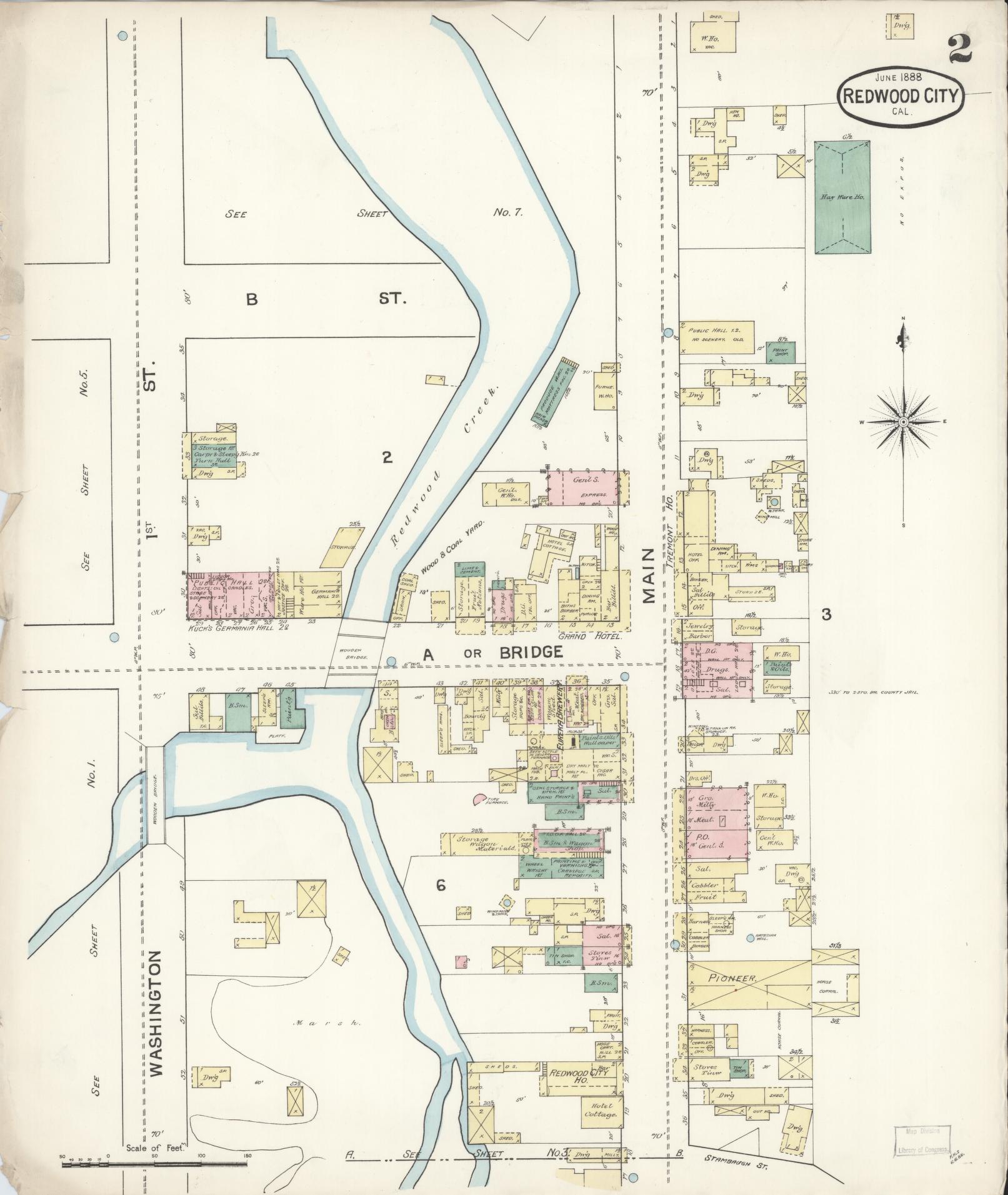 Sanborn Fire Insurance Map from Redwood City, San Mateo County, California (1888), Sheet #0002 - Complete Map Set gallery image, historic Sanborn map, vintage wall art, California California
