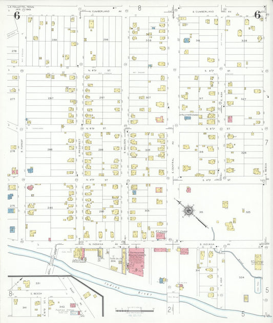 Sanborn Fire Insurance Map from La Follette, Campbell County, Tennessee (1943), Sheet #0006 - Historic Sanborn Fire Insurance Map Print, vintage old map wall art, antique decor, genealogy gift, Tennessee Tennessee map
