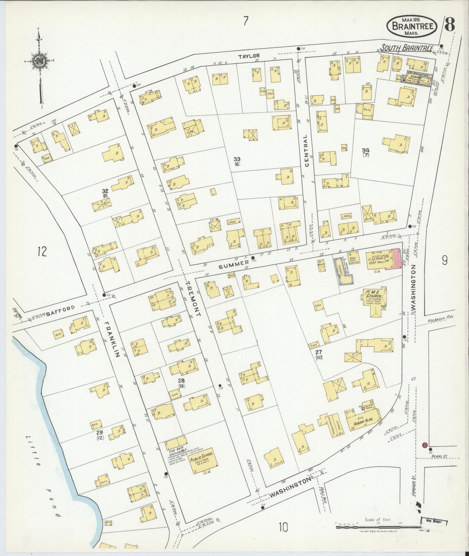 Sanborn Fire Insurance Map from Braintree, Norfolk County, Massachusetts (1919), Sheet #0008 - Complete Map Set gallery image, historic Sanborn map, vintage wall art, Massachusetts Massachusetts