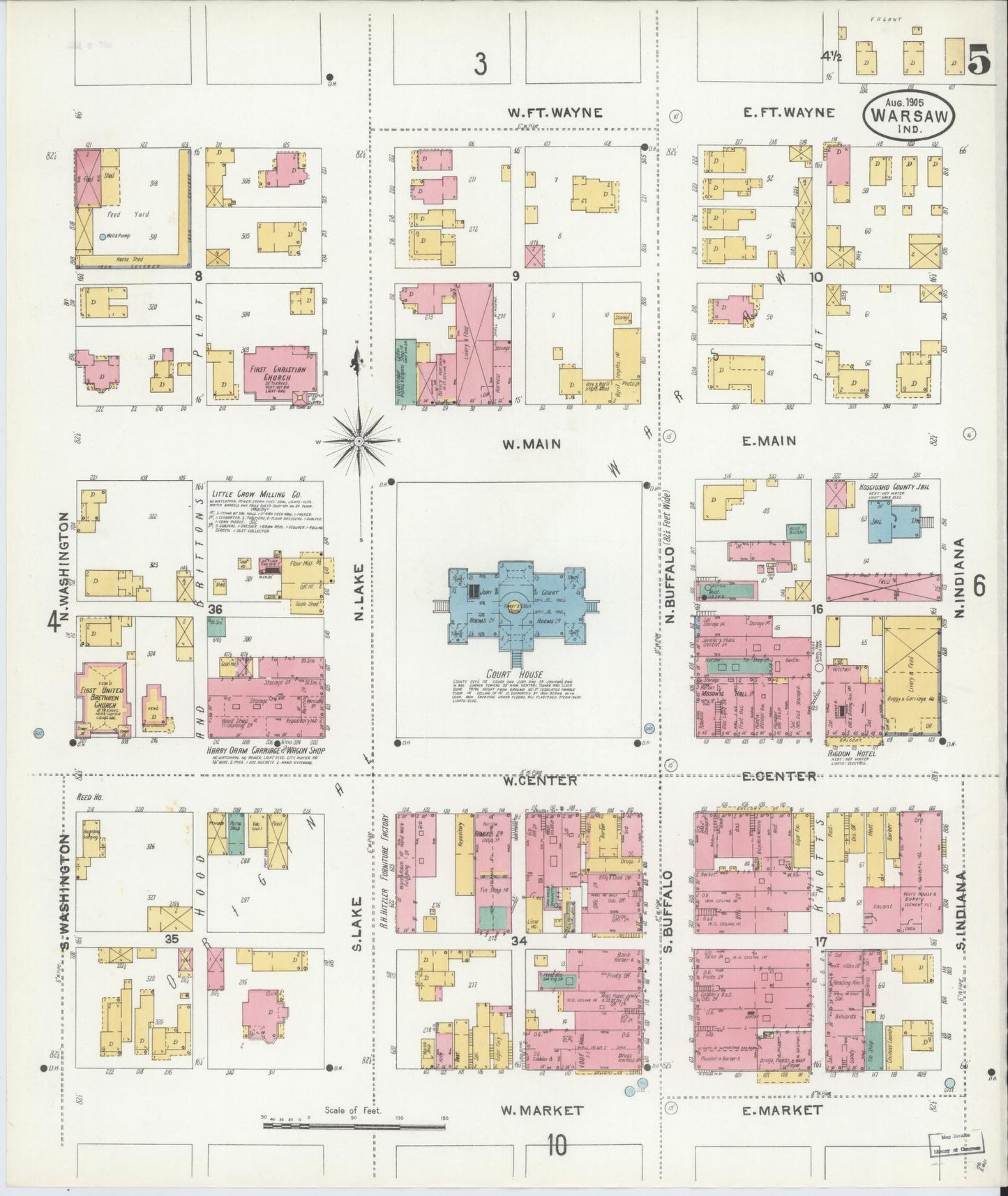 Sanborn Fire Insurance Map from Warsaw, Kosciusko County, Indiana (1905), Sheet #0005 - Complete Map Set gallery image, historic Sanborn map, vintage wall art, Indiana Indiana