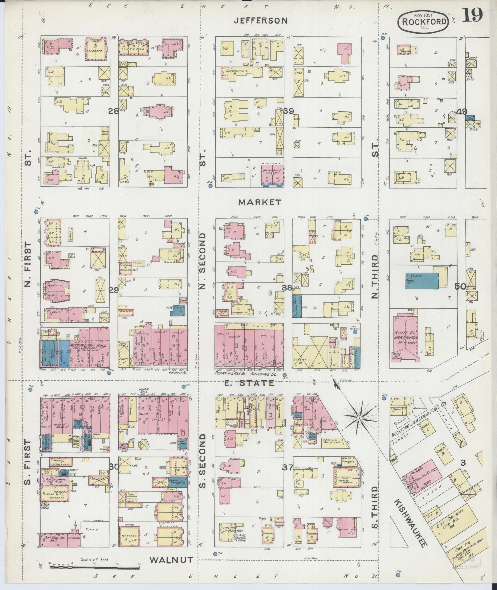 Sanborn Fire Insurance Map from Rockford, Winnebago County, Illinois (1891), Sheet #0019 - Complete Map Set gallery image, historic Sanborn map, vintage wall art, Illinois Illinois