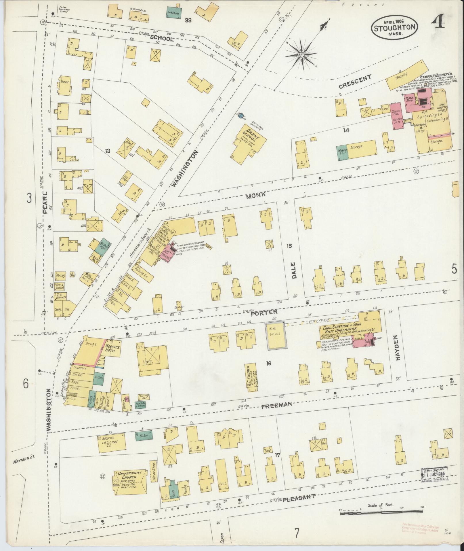Sanborn Fire Insurance Map from Stoughton, Norfolk County, Massachusetts (1906), Sheet #0004 - Historic Sanborn Fire Insurance Map Print, vintage old map wall art, antique decor, genealogy gift, Massachusetts Massachusetts map