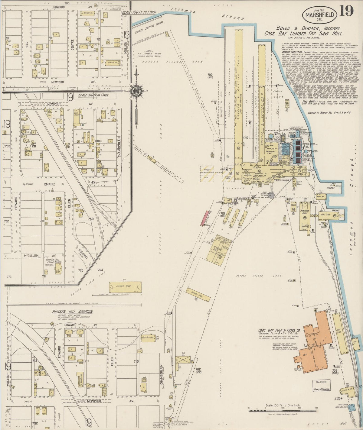 Sanborn Fire Insurance Map from Marshfield, Coos County, Oregon (1920), Sheet #0019 - Historic Sanborn Fire Insurance Map Print, vintage old map wall art, antique decor, genealogy gift, Oregon Oregon map