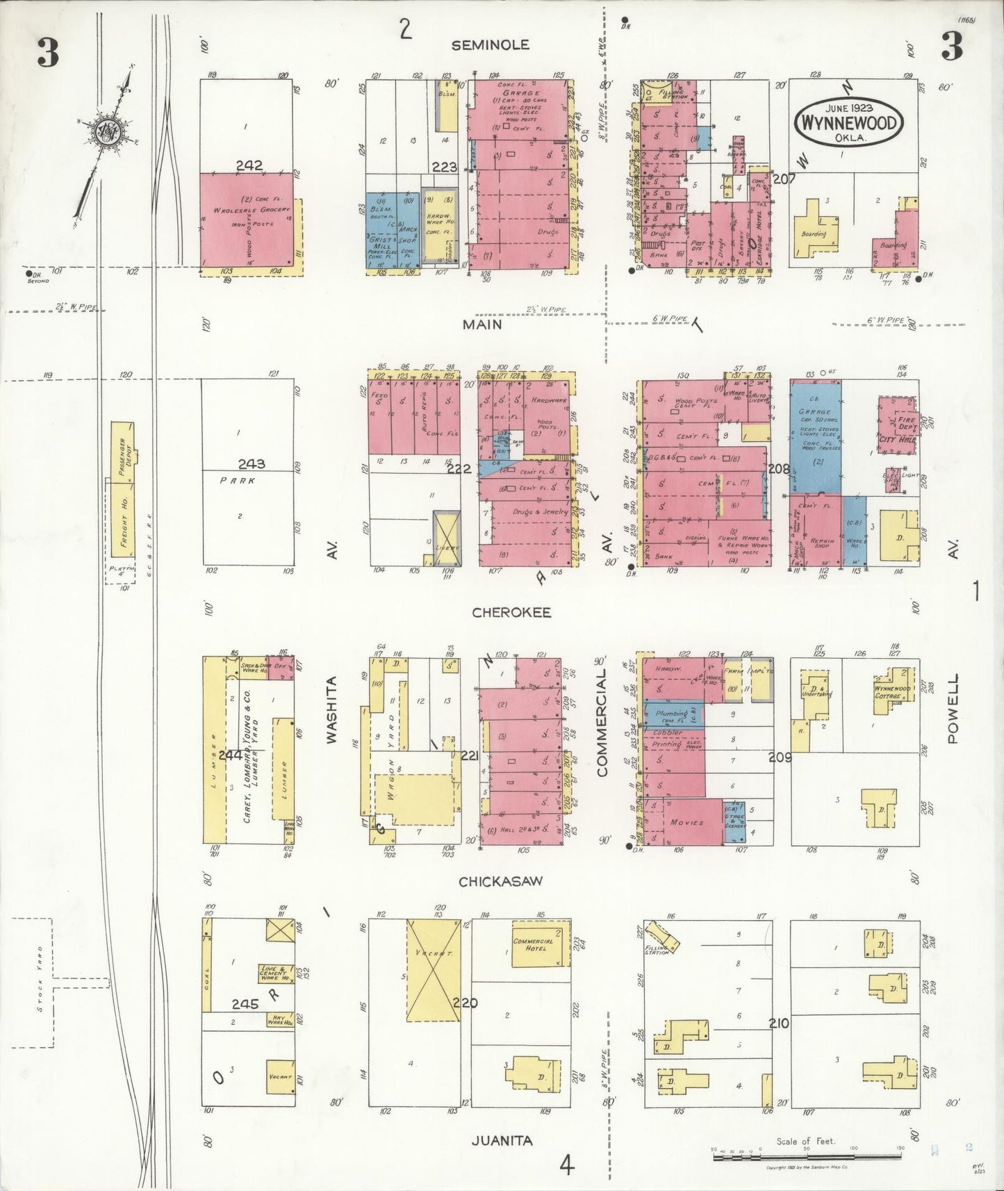 Sanborn Fire Insurance Map from Wynnewood, Garvin County, Oklahoma (1923), Sheet #0003 - Historic Sanborn Fire Insurance Map Print, vintage old map wall art, antique decor, genealogy gift, Oklahoma Oklahoma map