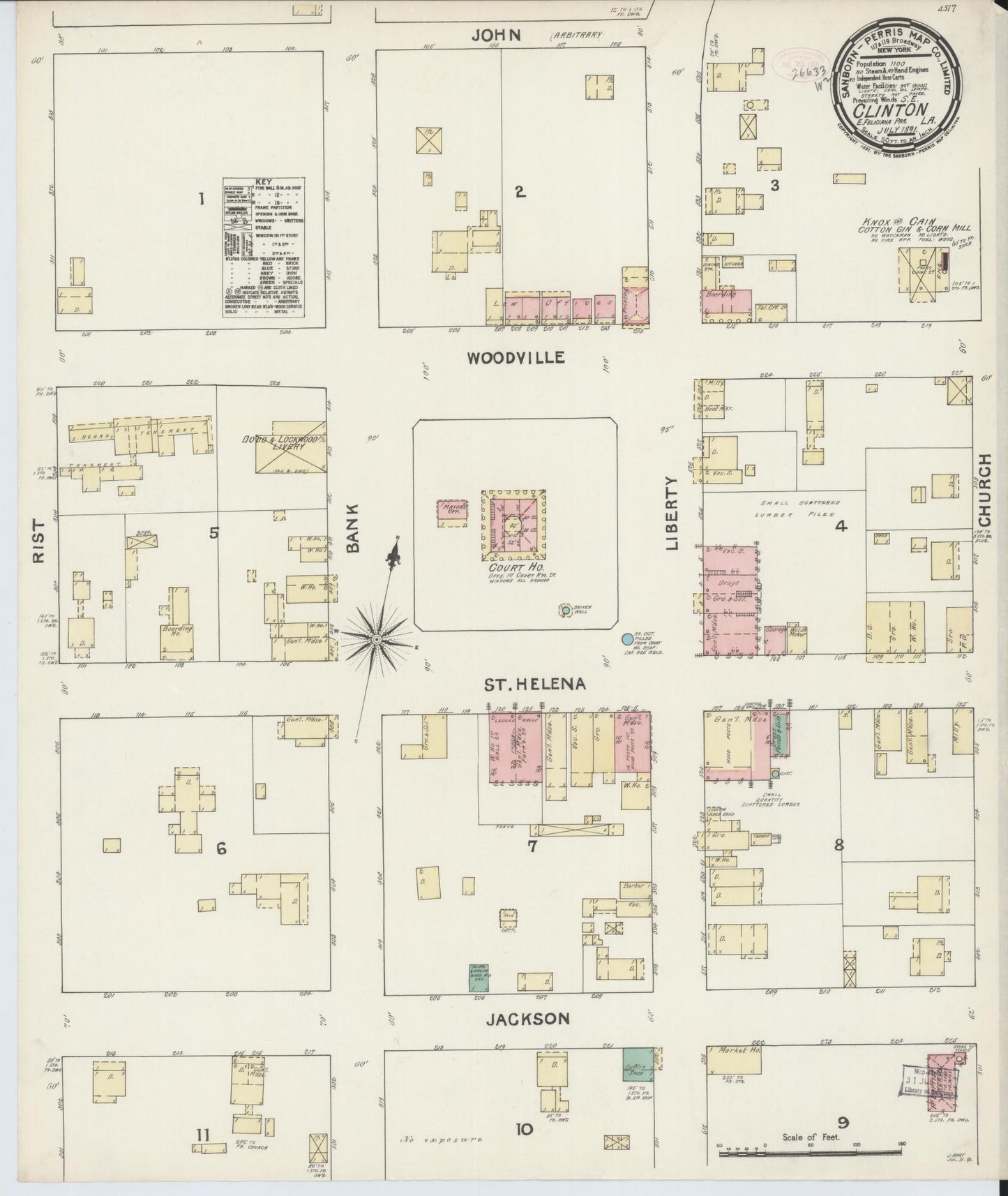 Sanborn Fire Insurance Map from Clinton, East Feliciana Parish, Louisiana (1891), Sheet #0001 - Historic Sanborn Fire Insurance Map Print, vintage old map wall art, antique decor, genealogy gift, Louisiana Louisiana map