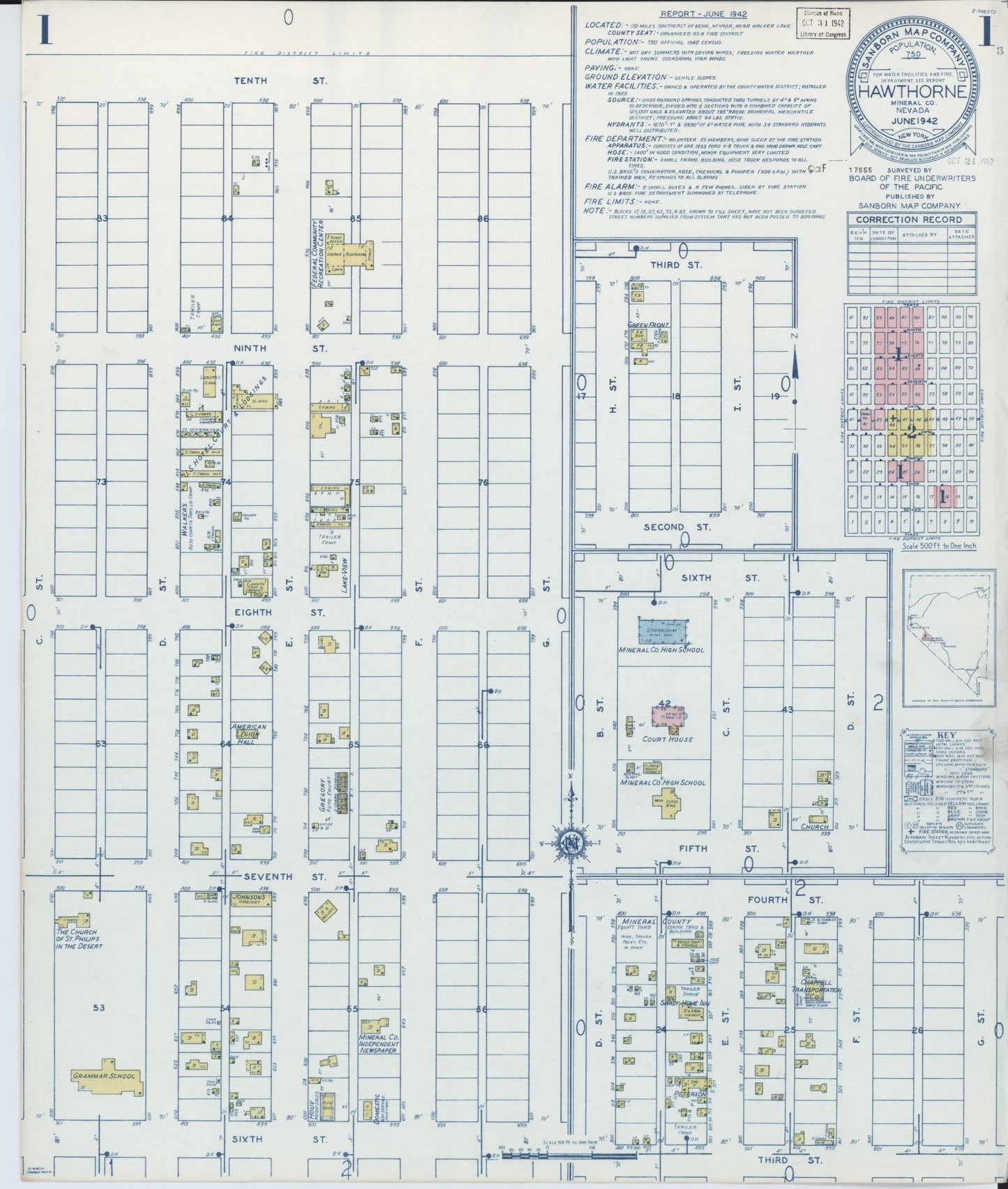Sanborn Fire Insurance Map from Hawthorne, Mineral County, Nevada (1942), Sheet #0001 - Complete Map Set gallery image, historic Sanborn map, vintage wall art, Nevada Nevada