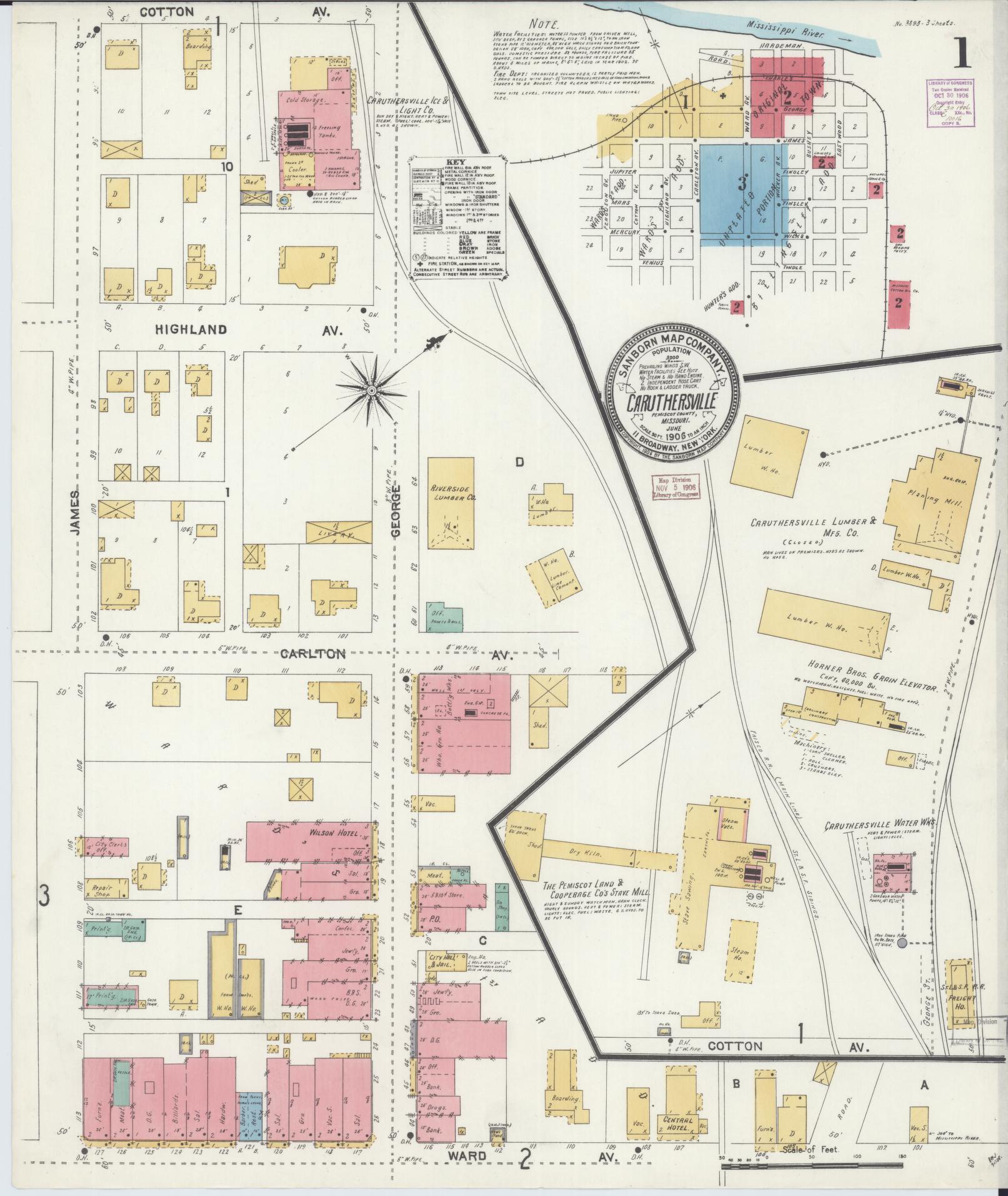 Sanborn Fire Insurance Map from Caruthersville, Pemiscot County, Missouri (1906), Sheet #0001 - Historic Sanborn Fire Insurance Map Print, vintage old map wall art, antique decor, genealogy gift, Missouri Missouri map