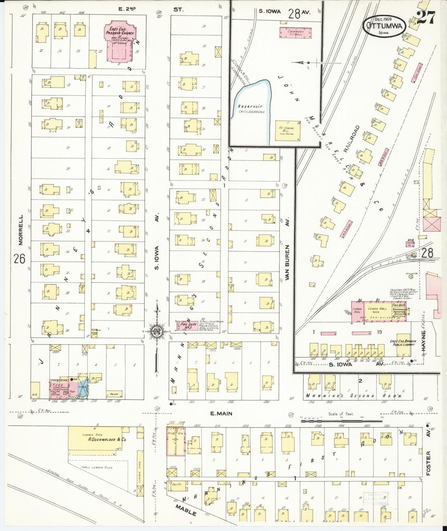 Sanborn Fire Insurance Map from Ottumwa, Wapello County, Iowa (1909), Sheet #0027 - Historic Sanborn Fire Insurance Map Print, vintage old map wall art