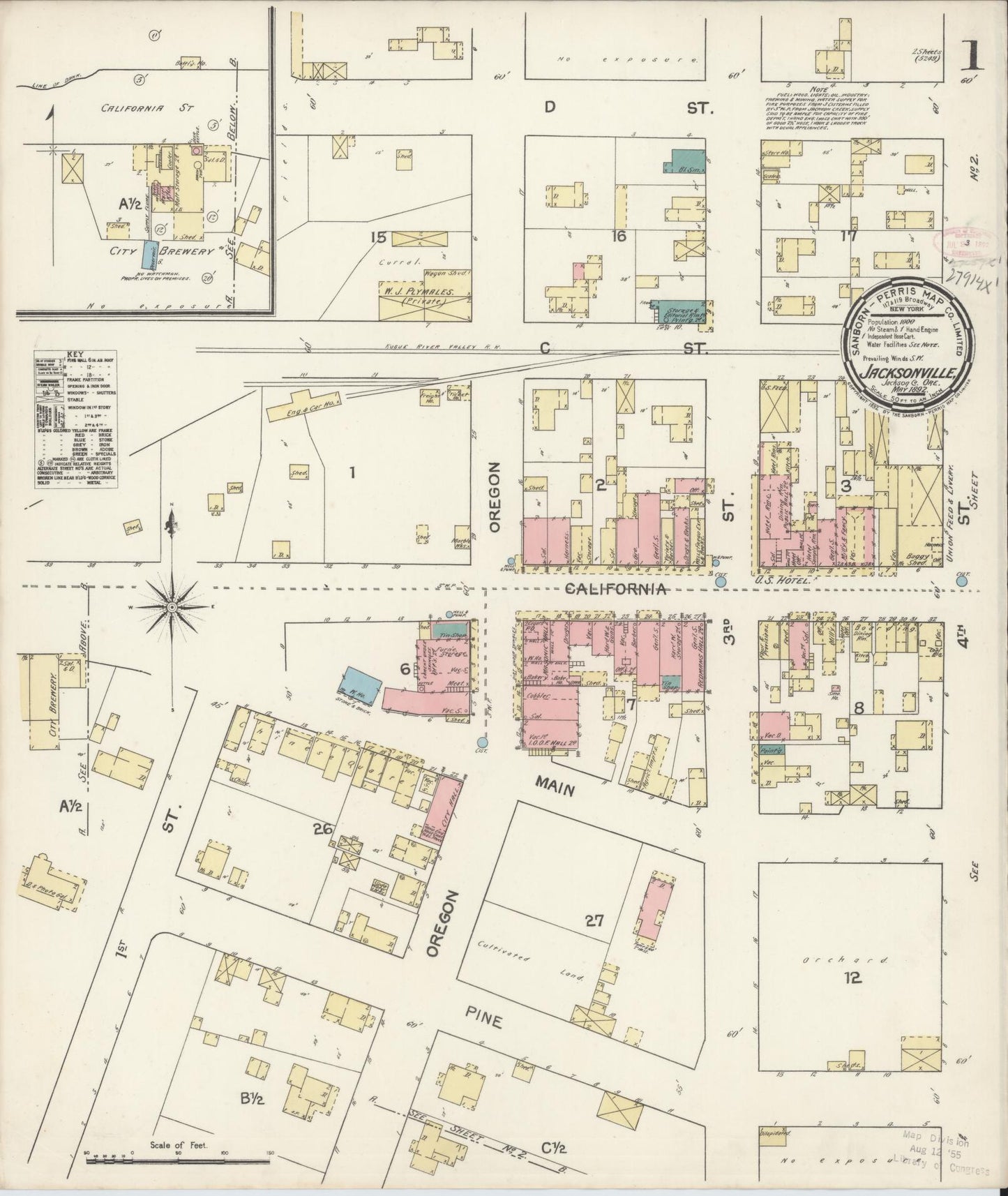 Sanborn Fire Insurance Map from Jacksonville, Jackson County, Oregon (1892), Sheet #0001 - Complete Map Set gallery image, historic Sanborn map, vintage wall art, Oregon Oregon