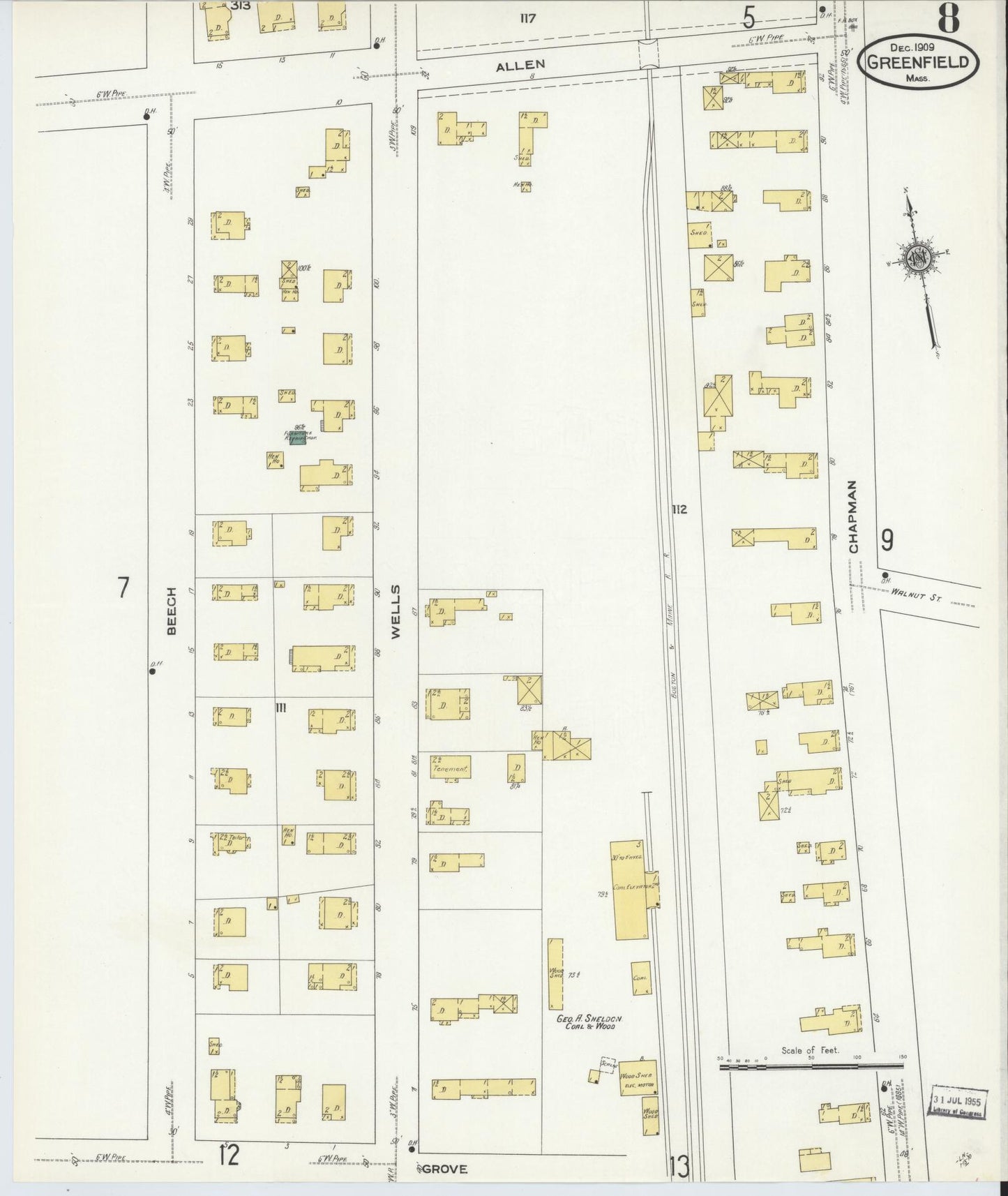 Sanborn Fire Insurance Map from Greenfield, Franklin County, Massachusetts (1909), Sheet #0008 - Complete Map Set gallery image, historic Sanborn map, vintage wall art, Massachusetts Massachusetts