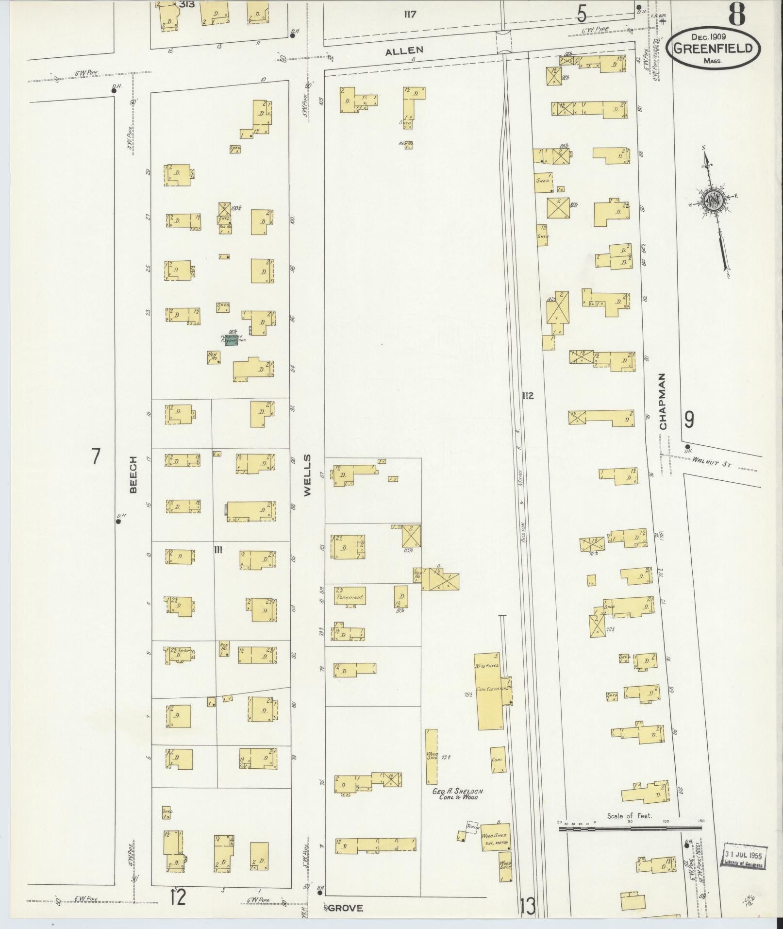 Sanborn Fire Insurance Map from Greenfield, Franklin County, Massachusetts (1909), Sheet #0008 - Complete Map Set gallery image, historic Sanborn map, vintage wall art, Massachusetts Massachusetts