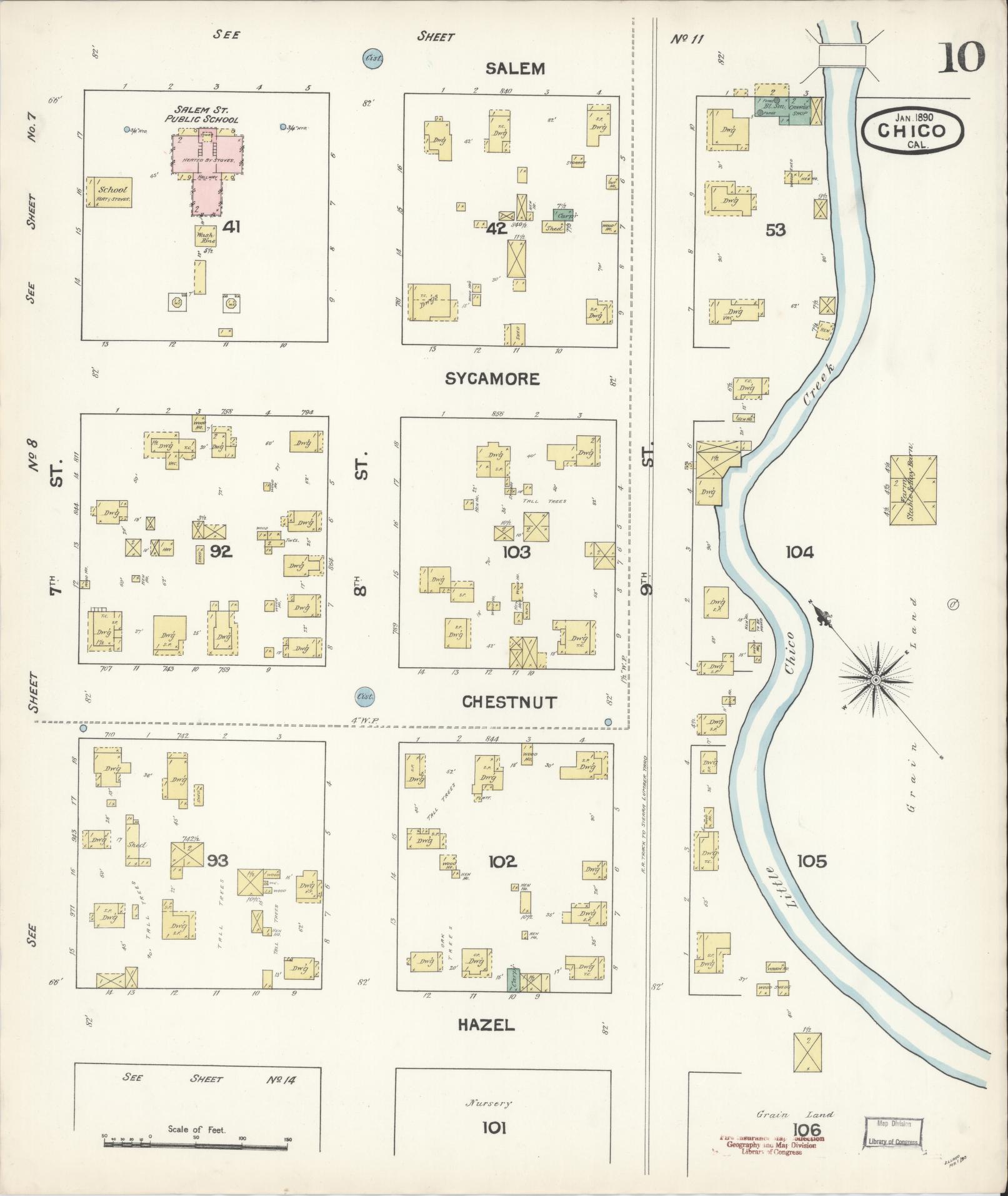 Sanborn Fire Insurance Map from Chico, Butte County, California (1890), Sheet #0010 - Historic Sanborn Fire Insurance Map Print, vintage old map wall art, antique decor, genealogy gift, California California map