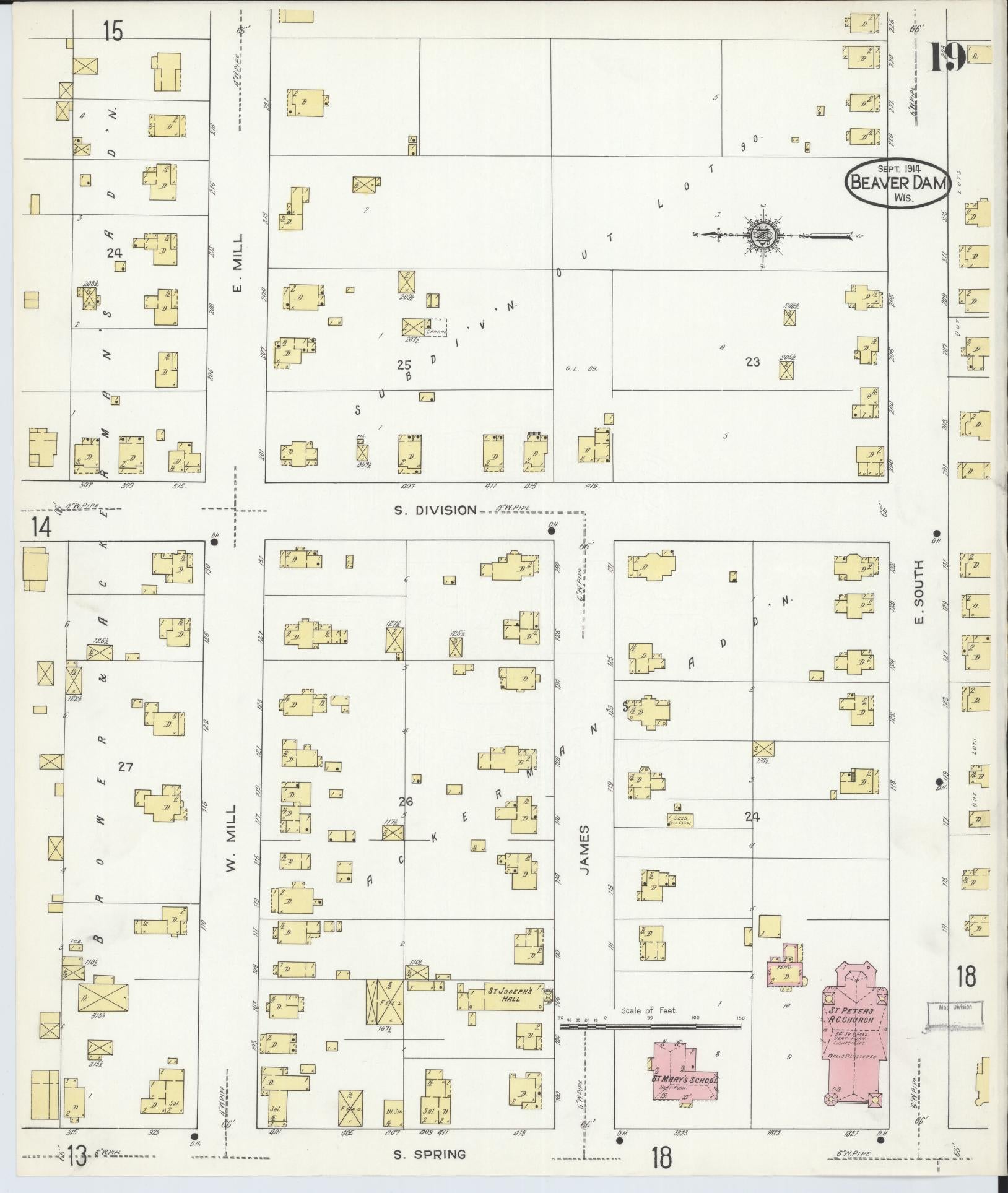 Sanborn Fire Insurance Map from Beaver Dam, Dodge County, Wisconsin (1914), Sheet #0019 - Historic Sanborn Fire Insurance Map Print, vintage old map wall art, antique decor, genealogy gift, Wisconsin Wisconsin map