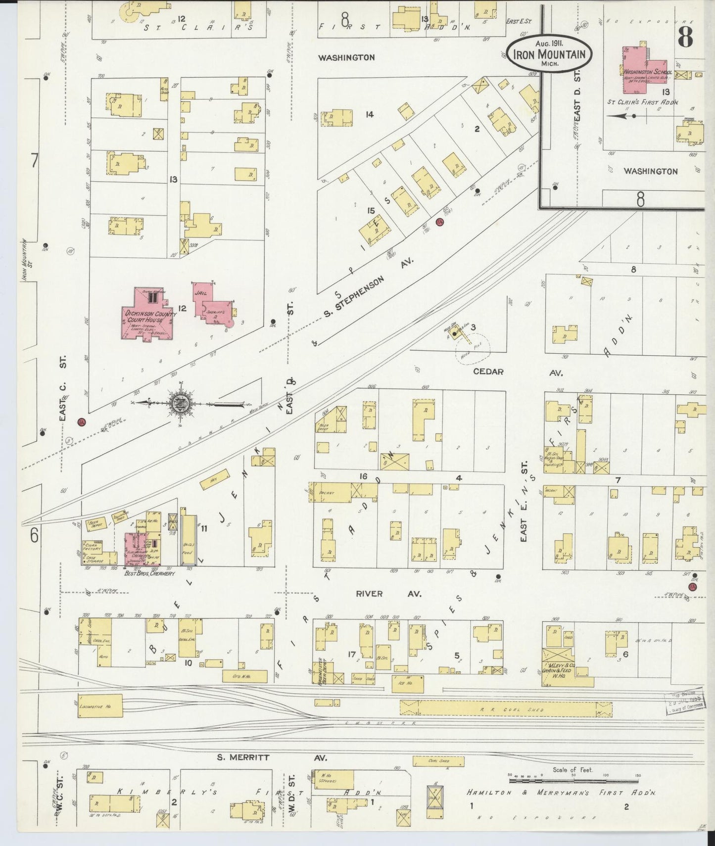 Sanborn Fire Insurance Map from Iron Mountain, Dickinson County, Michigan (1911), Sheet #0008 - Complete Map Set gallery image, historic Sanborn map, vintage wall art, Michigan Michigan