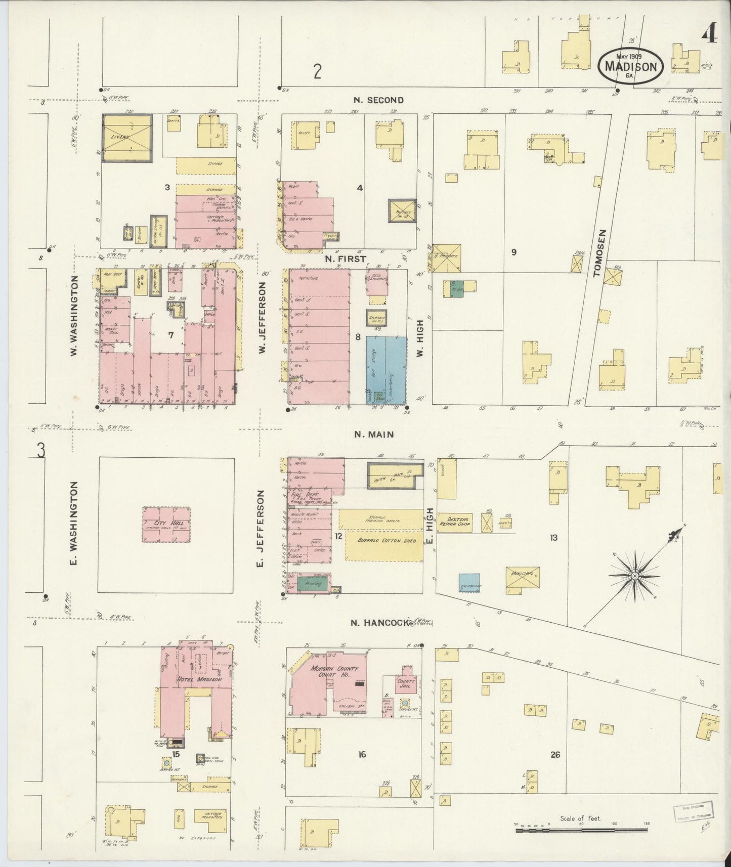Sanborn Fire Insurance Map from Madison, Morgan County, Georgia (1909), Sheet #0004 - Historic Sanborn Fire Insurance Map Print, vintage old map wall art, antique decor, genealogy gift, Georgia Georgia map