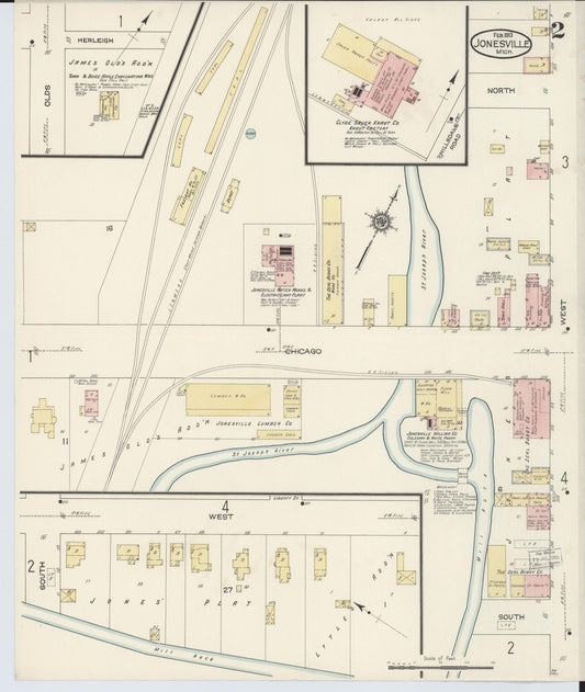 Sanborn Fire Insurance Map from Jonesville, Hillsdale County, Michigan (1913), Sheet #0002 - Historic Sanborn Fire Insurance Map Print, vintage old map wall art, antique decor, genealogy gift, Michigan Michigan map