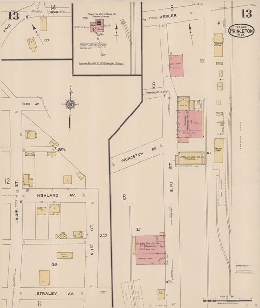 Sanborn Fire Insurance Map from Princeton, Mercer County, West Virginia (1923), Sheet #0013 - Historic Sanborn Fire Insurance Map Print, vintage old map wall art, antique decor, genealogy gift, West Virginia West Virginia map