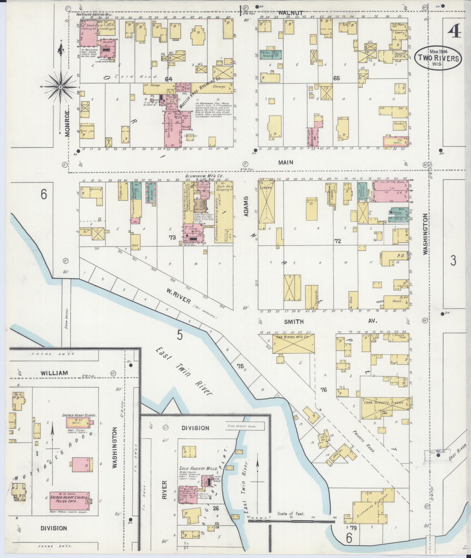 Sanborn Fire Insurance Map from Two Rivers, Manitowoc County, Wisconsin (1904), Sheet #0004 - Historic Sanborn Fire Insurance Map Print, vintage old map wall art, antique decor, genealogy gift, Wisconsin Wisconsin map