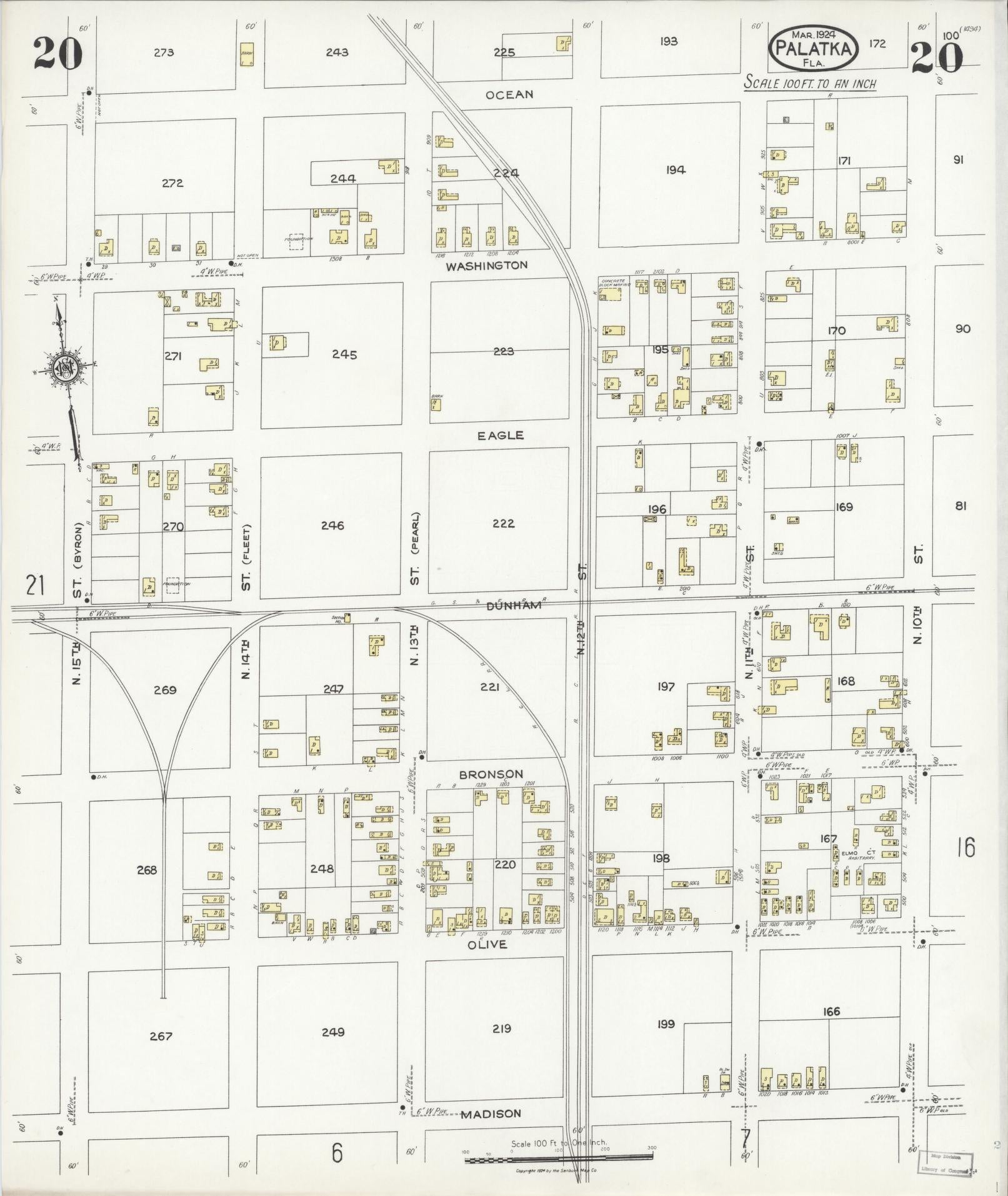 Sanborn Fire Insurance Map from Palatka, Putnam County, Florida (1924), Sheet #0020 - Complete Map Set gallery image, historic Sanborn map, vintage wall art, Florida Florida