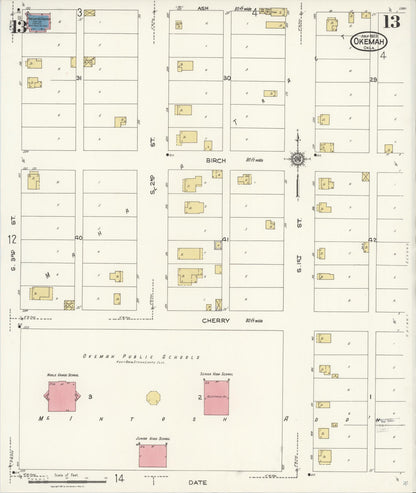 Sanborn Fire Insurance Map from Okemah, Okfuskee County, Oklahoma (1923), Sheet #0013 - Complete Map Set gallery image, historic Sanborn map, vintage wall art, Oklahoma Oklahoma