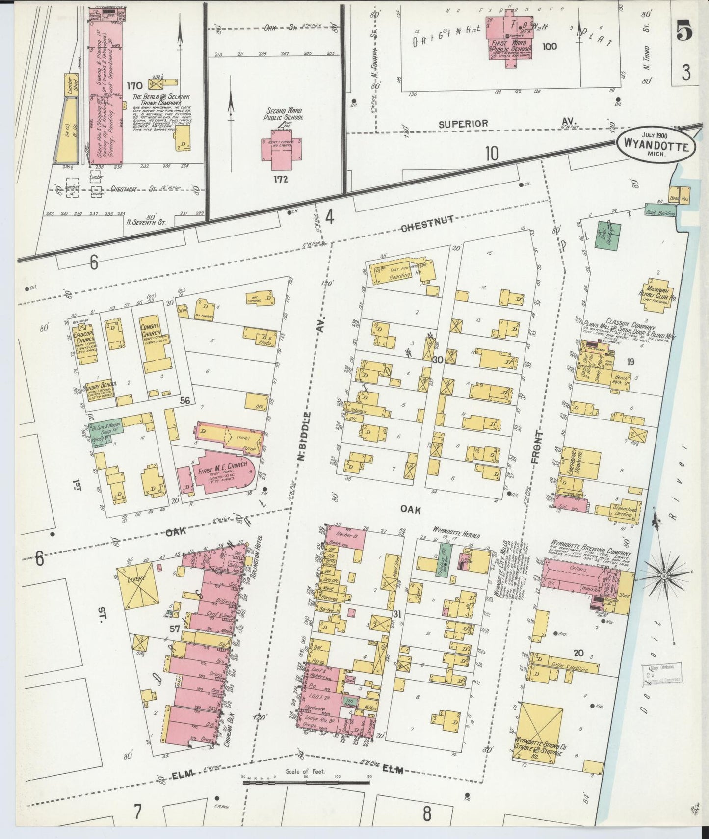 Sanborn Fire Insurance Map from Wyandotte, Wayne County, Michigan (1900), Sheet #0005 - Historic Sanborn Fire Insurance Map Print, vintage old map wall art, antique decor, genealogy gift, Michigan Michigan map