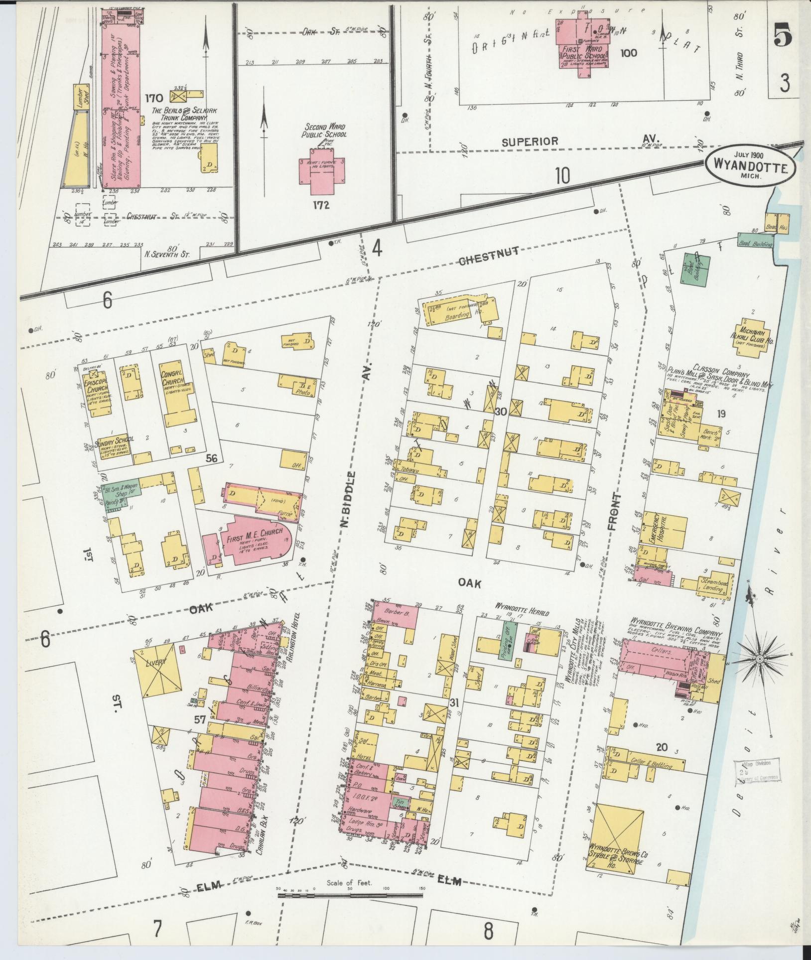 Sanborn Fire Insurance Map from Wyandotte, Wayne County, Michigan (1900), Sheet #0005 - Historic Sanborn Fire Insurance Map Print, vintage old map wall art, antique decor, genealogy gift, Michigan Michigan map