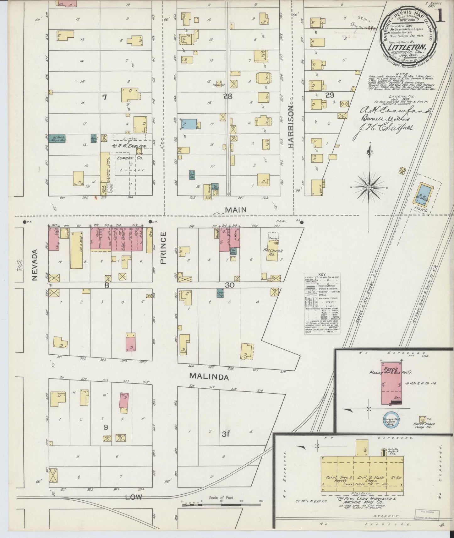 Sanborn Fire Insurance Map from Littleton, Arapahoe County, Colorado (1893), Sheet #0001 - Historic Sanborn Fire Insurance Map Print, vintage old map wall art, antique decor, genealogy gift, Colorado Colorado map