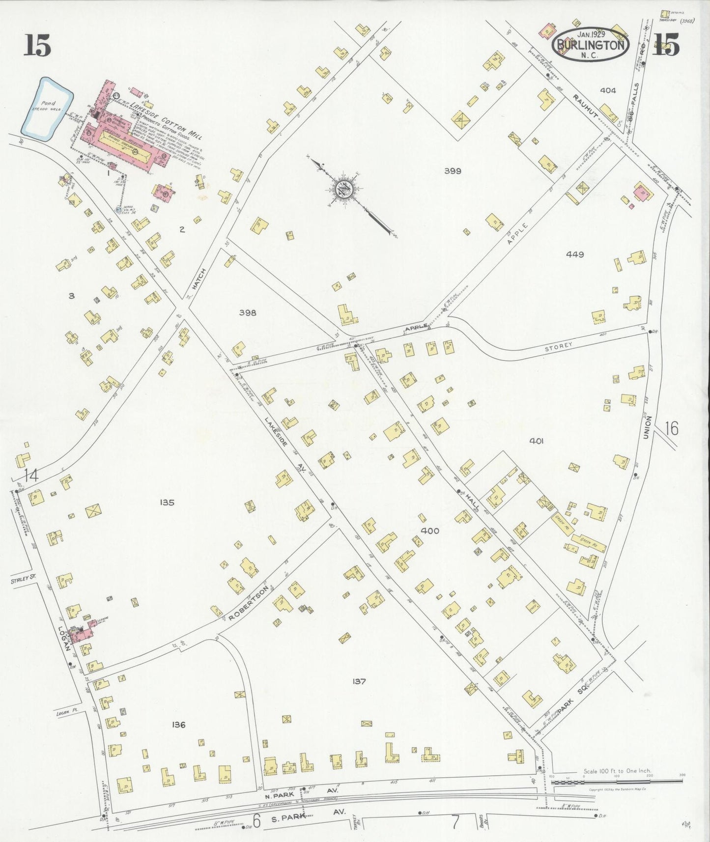 Sanborn Fire Insurance Map from Burlington, Alamance County, North Carolina (1929), Sheet #0015 - Complete Map Set gallery image, historic Sanborn map, vintage wall art, North Carolina North Carolina