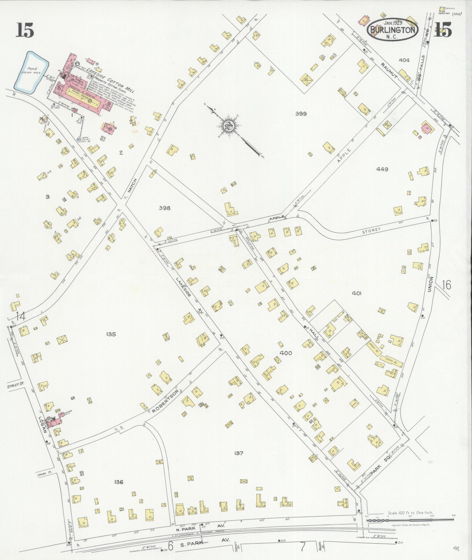 Sanborn Fire Insurance Map from Burlington, Alamance County, North Carolina (1929), Sheet #0015 - Complete Map Set gallery image, historic Sanborn map, vintage wall art, North Carolina North Carolina